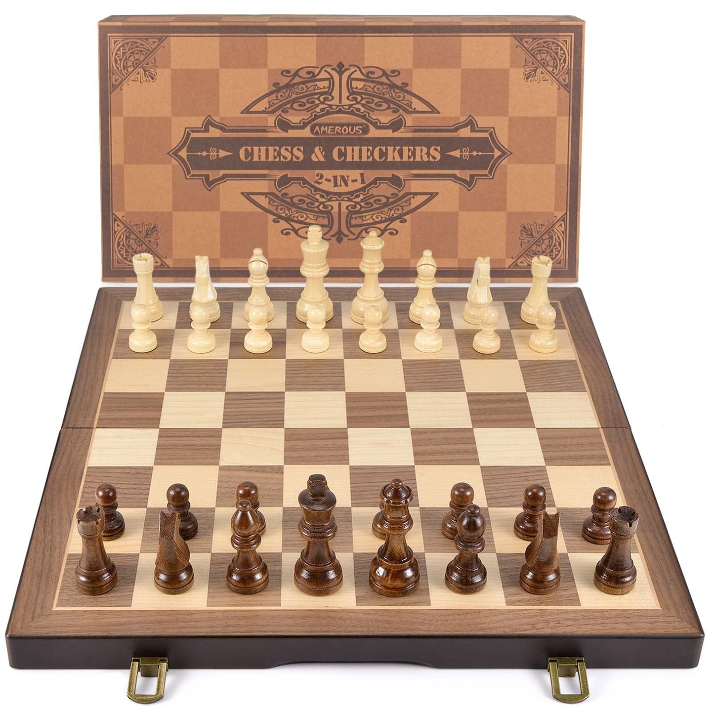 AMEROUS 15-Inch Magnetic Wooden Chess & Checkers Set – 2-in-1 Travel Chess Board
