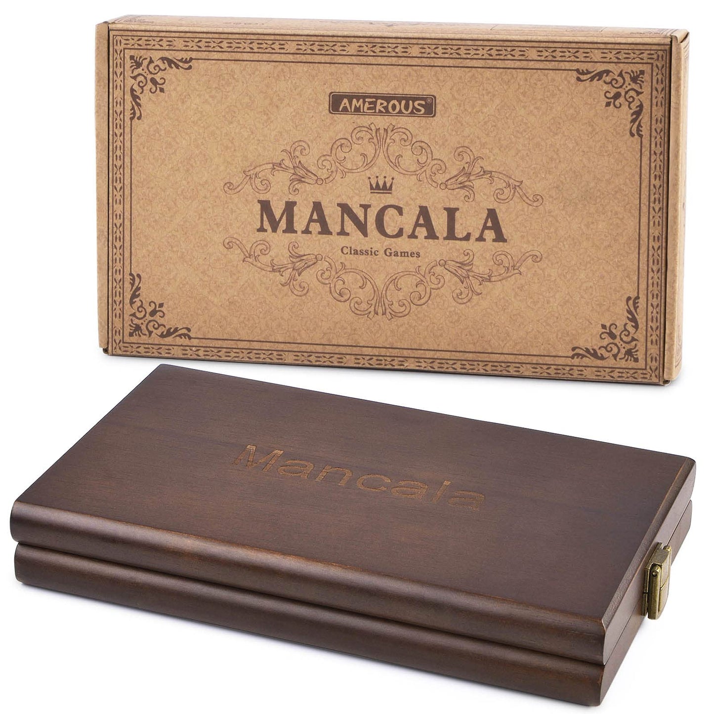 AMEROUS Wooden Mancala Board Game Set – Folding Board, 72+8 Glass Stones