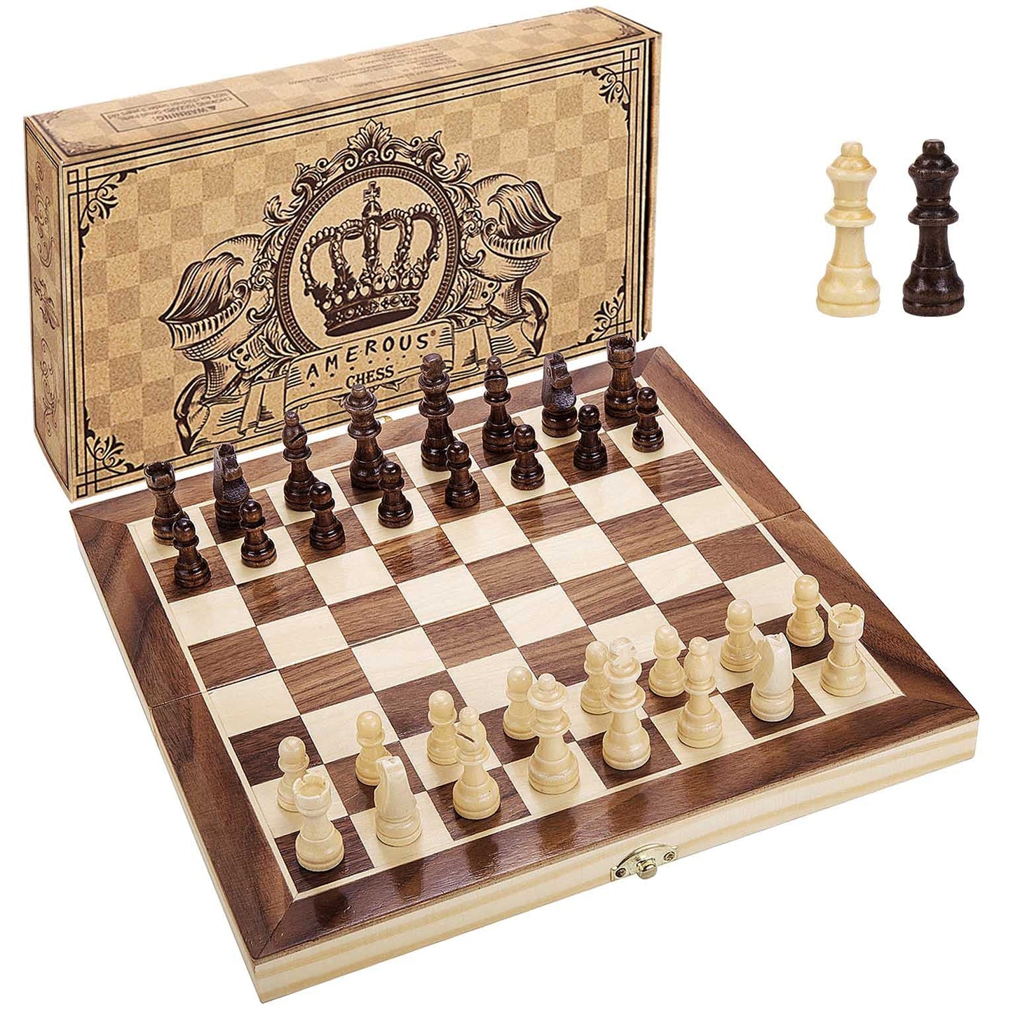 AMEROUS 12x12 Magnetic Wooden Chess Set — Folding Travel Board with Storage & 2 Bonus Queens