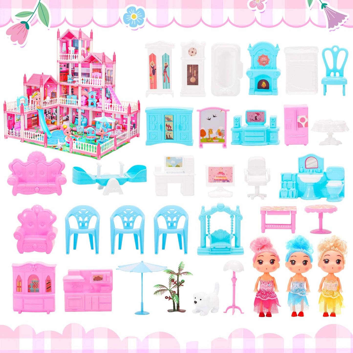 AmiDear 4-Story Dollhouse | 11 Rooms, Pool & Slide | Pink Princess Playset