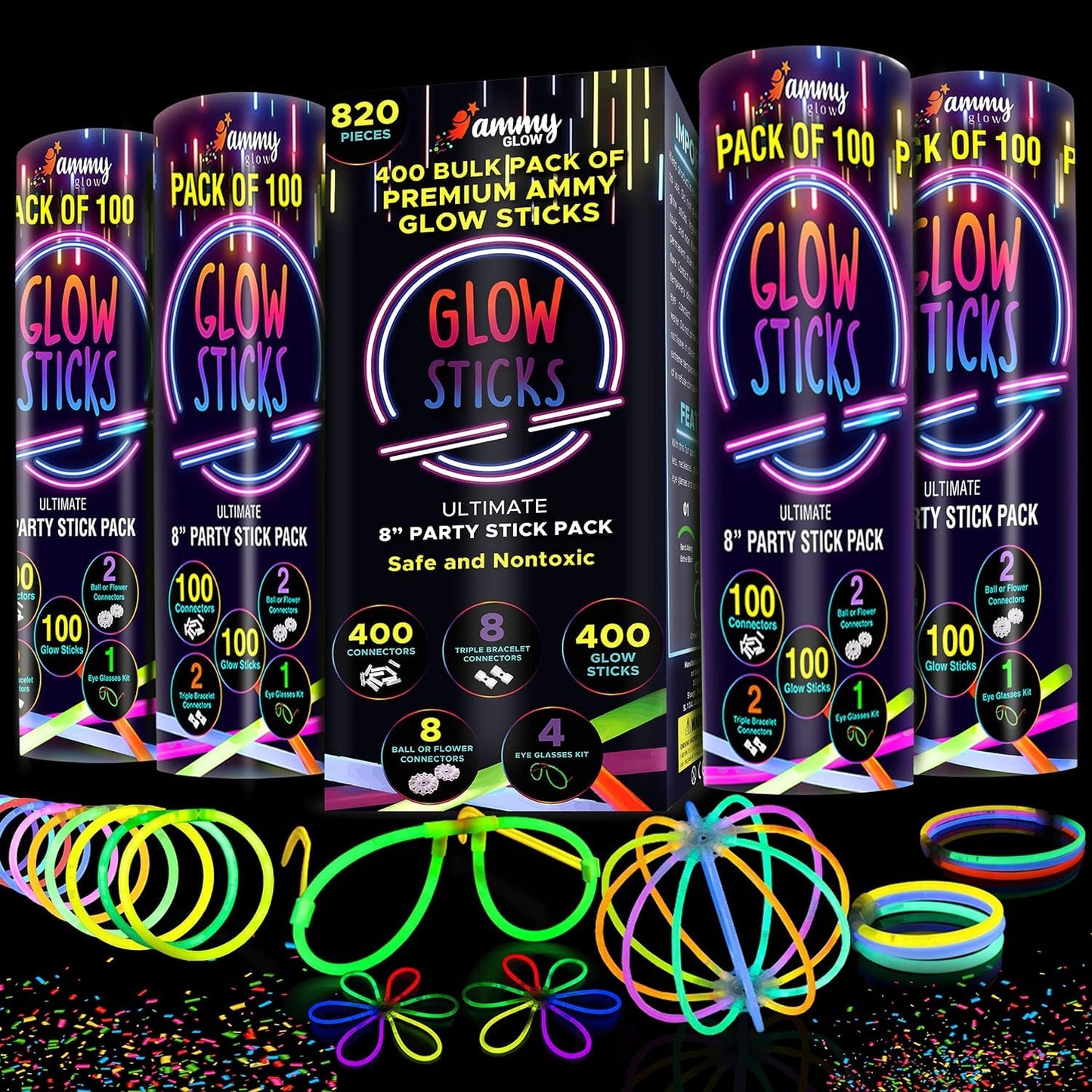 Ammy Glow 205 Pcs Glow Sticks Bulk Pack – Bracelets & Necklaces, Tube Packed