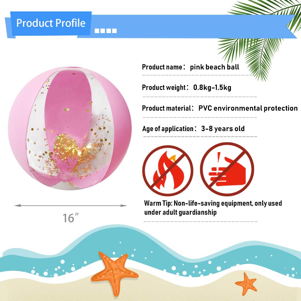AMOR PRESENT Beach Ball 16-Inch Glitter Inflatable with Pink Confetti | UV-Protected Pool Party Ball