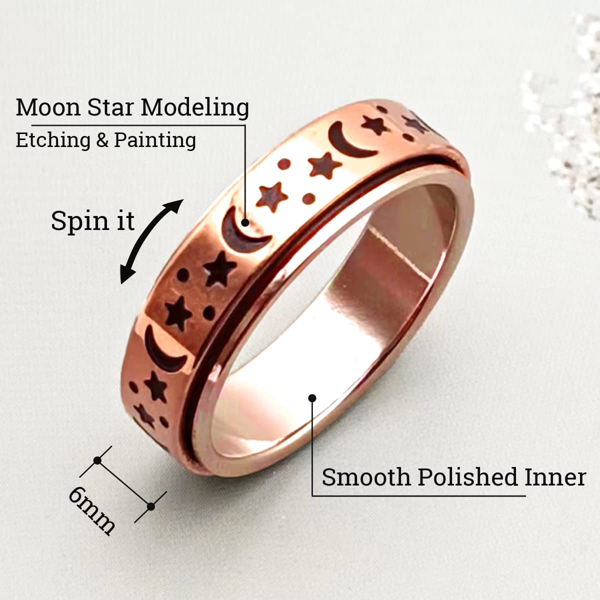 AmorArtSky Spinner Ring for Women – Titanium Stainless Steel Fidget Ring, Rose Gold Moon Star, 6MM, Size 8