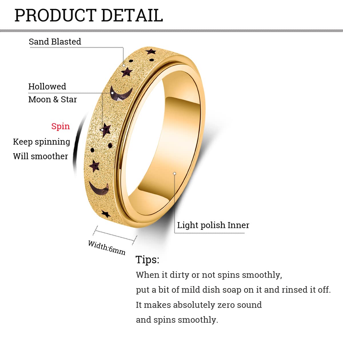 AmorArtSky Spinner Ring for Anxiety Relief – Unisex Titanium Stainless Steel Fidget Ring, Moon Star Hollow Outer, Gold, 6mm, Size 10