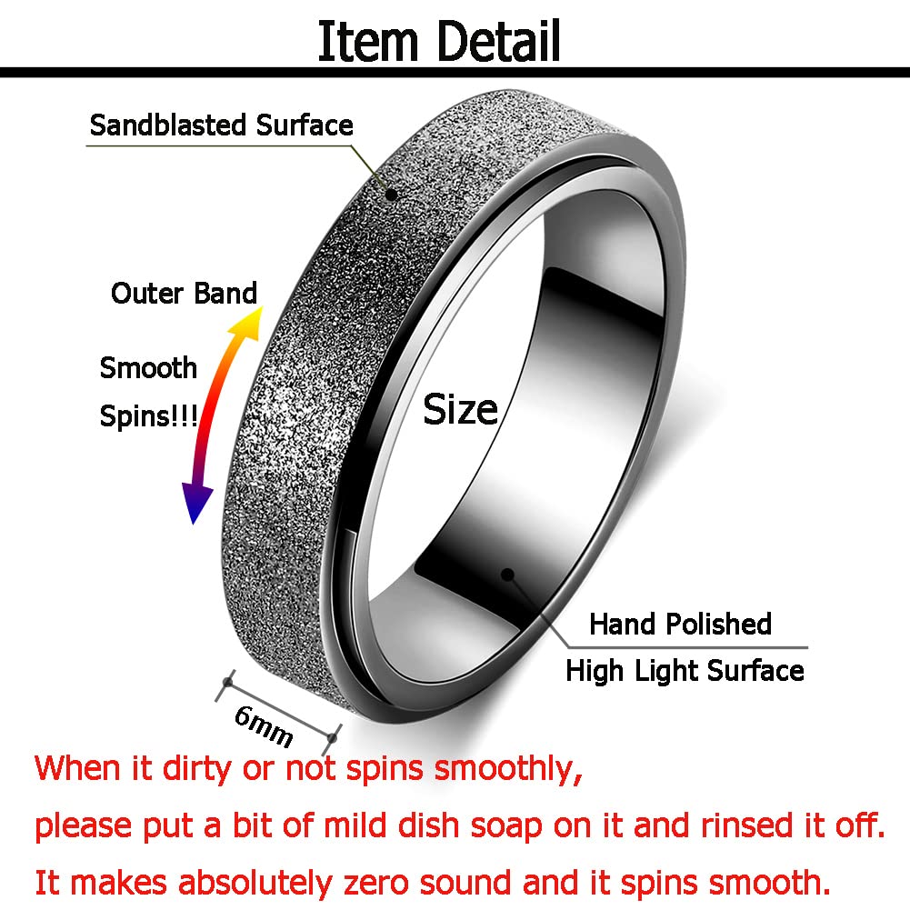 AmorArtSky Spinner Ring for Anxiety Relief – Titanium Stainless Steel Fidget, Black Sandblasted, Size 7