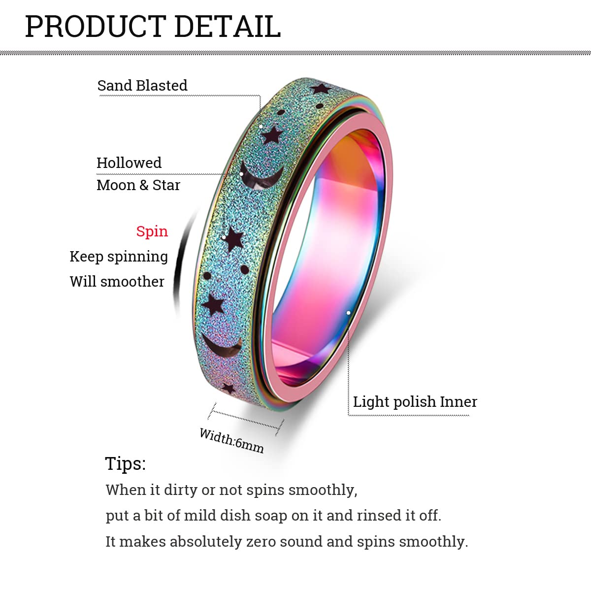 AmorArtSky Spinner Ring for Anxiety Relief – Titanium Stainless Steel Fidget Ring, 6MM, Moon Star, Hollow Outer-Rainbow, 5 Colors