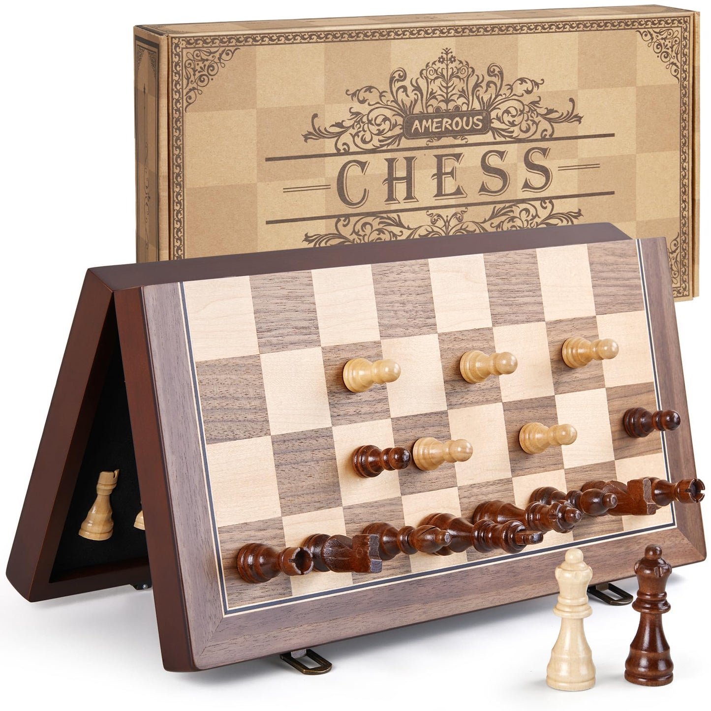 AMEROUS 15-inch Magnetic Wooden Chess Set – Folding Board, Magnetic Pieces, Gift Packaging