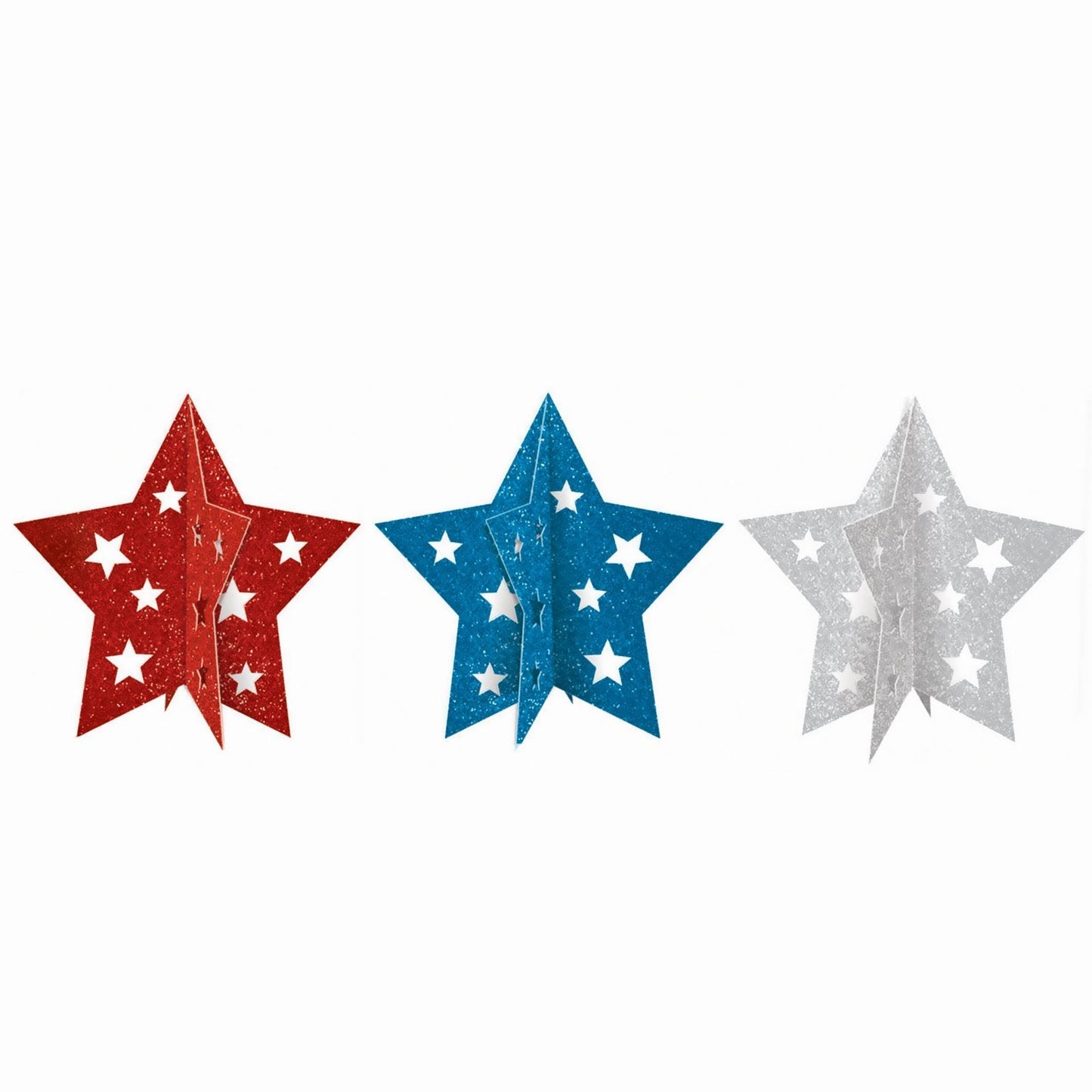 Amscan Patriotic Pride Glitter Paper Mini 3D Centerpieces – 5-inch (3 Pc) – Perfect for 4th of July & Patriotic Celebrations