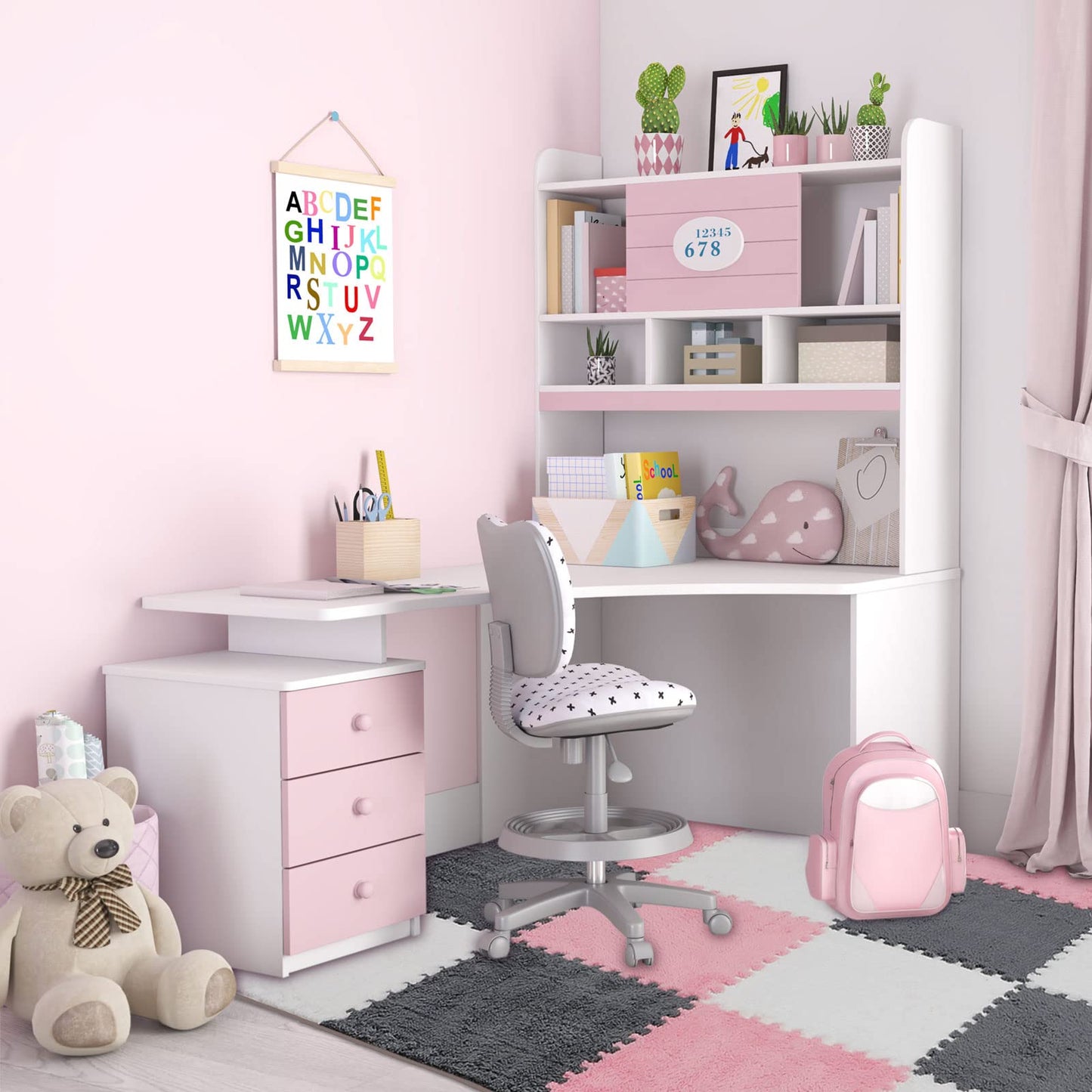 Amylove 36-Pack Plush Foam Floor Tiles with Border – Interlocking Mats (12x12x0.4 in) in White, Pink, Gray