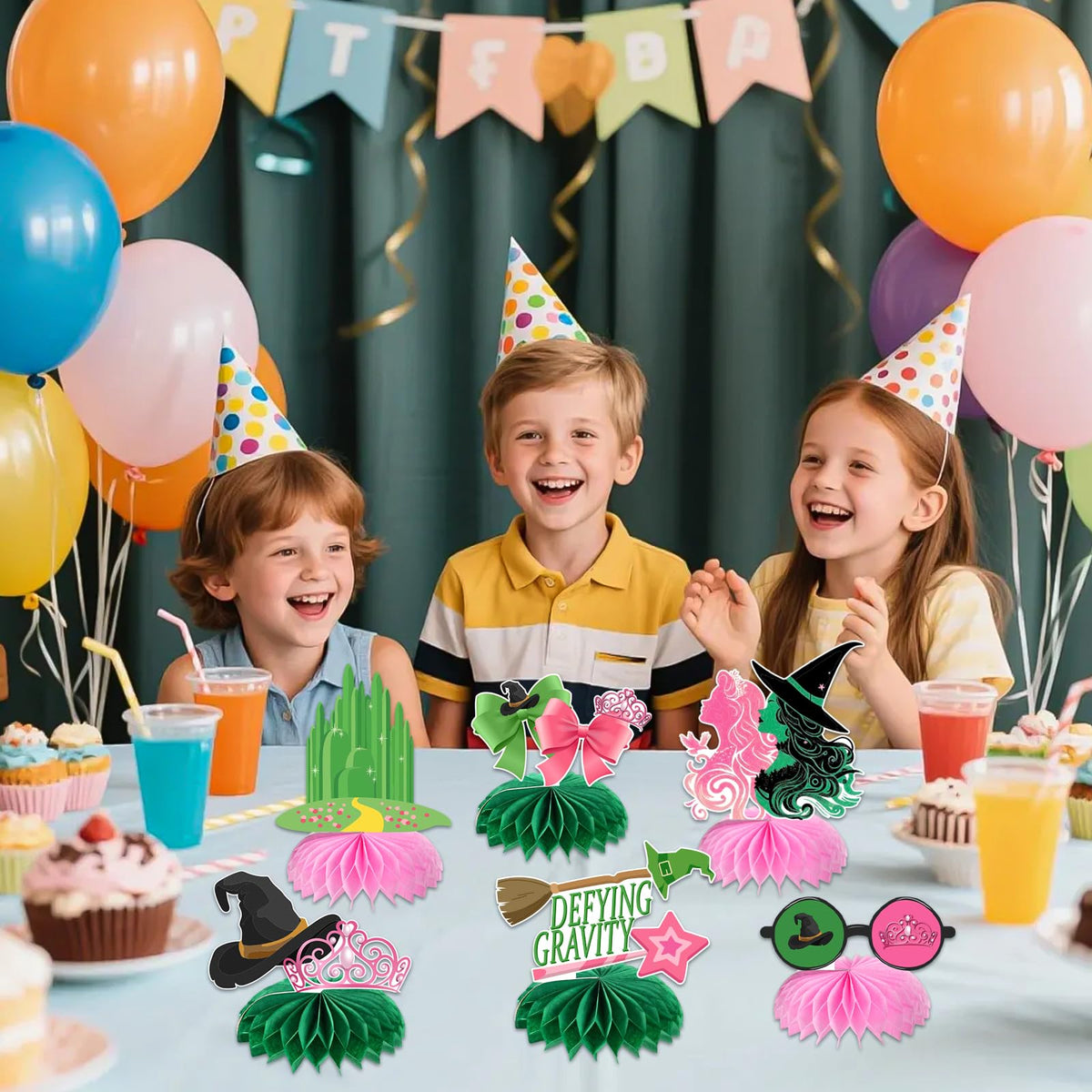 AMZFAVOR Witch Theme Party Decorations — 10 Pink & Green Honeycomb Centerpieces