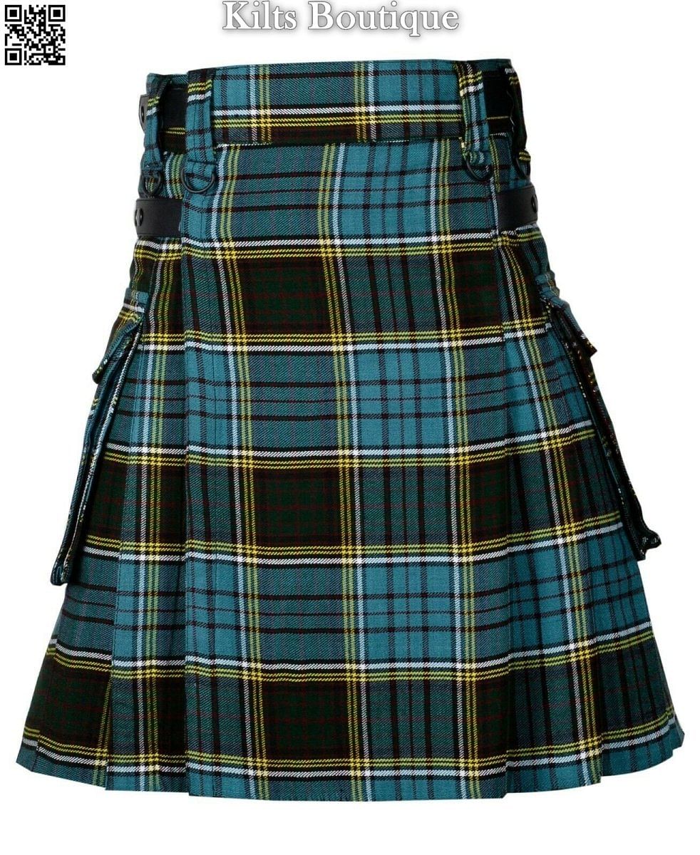 Anderson Tartan Scottish Men Utility Modern Kilt 2 side Cargo Pockets Length 24"