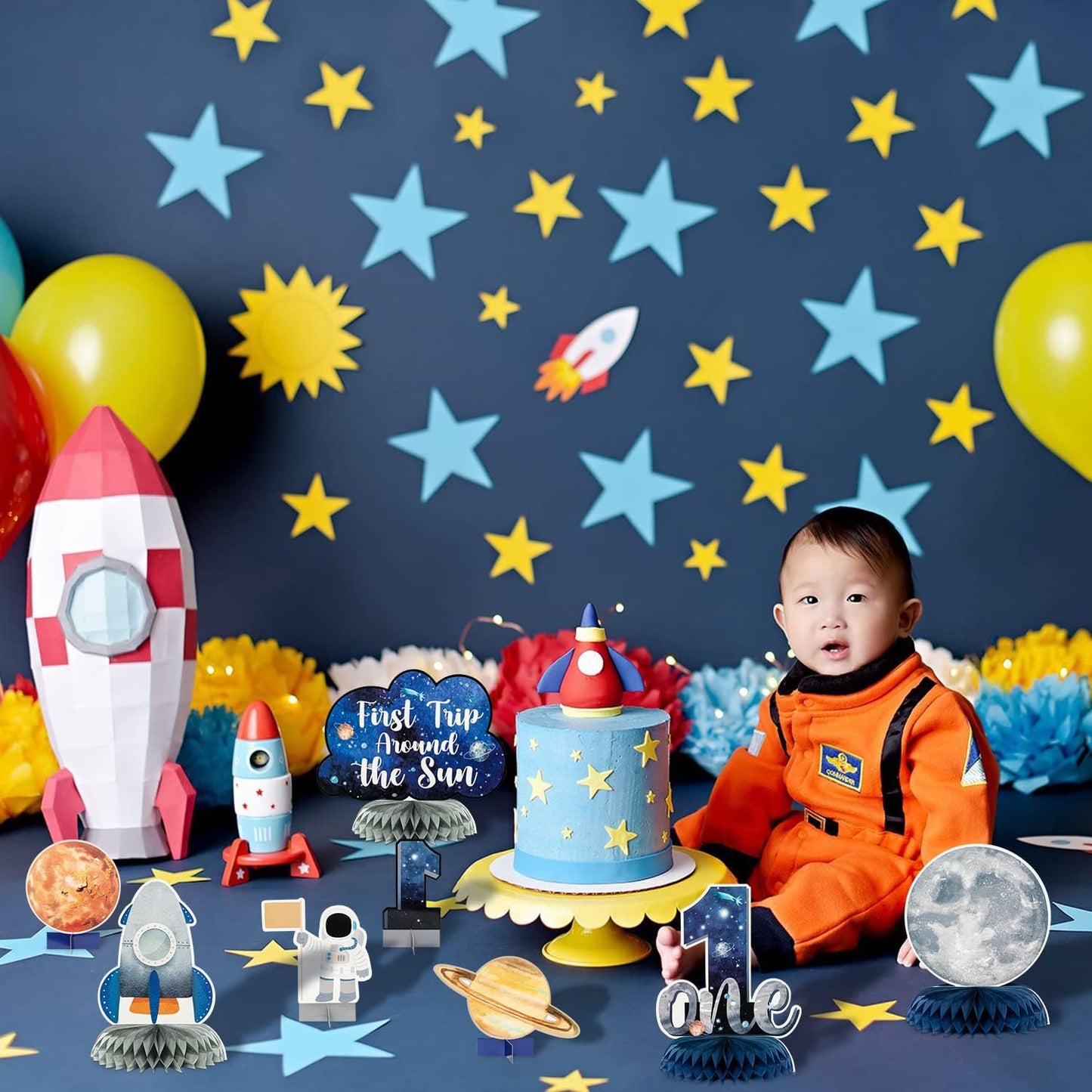 ANGOLIO 12Pcs First Trip Around The Sun Honeycomb Centerpieces – Outer Space Theme for 1st Birthday Party Decor