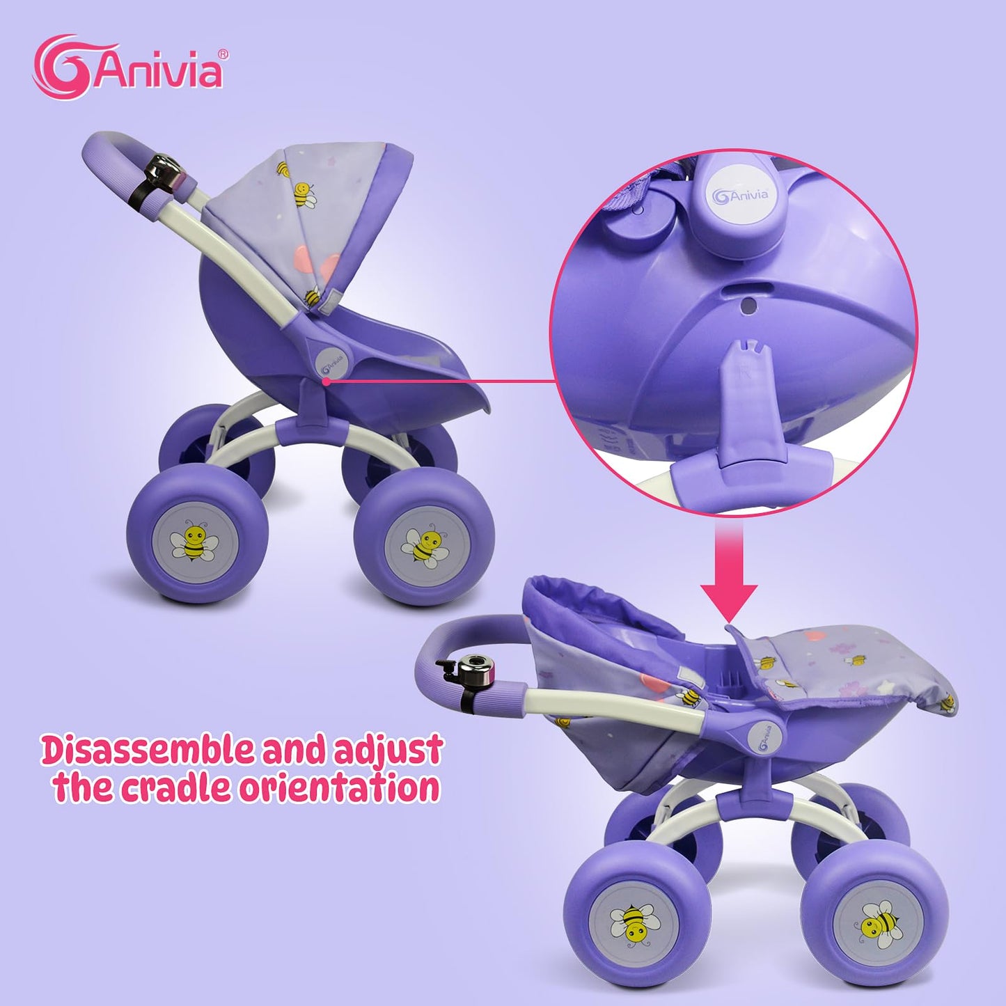 ANIVIA DT301 Purple Doll Stroller – Realistic Foldable Toy Pram for Toddlers & Girls