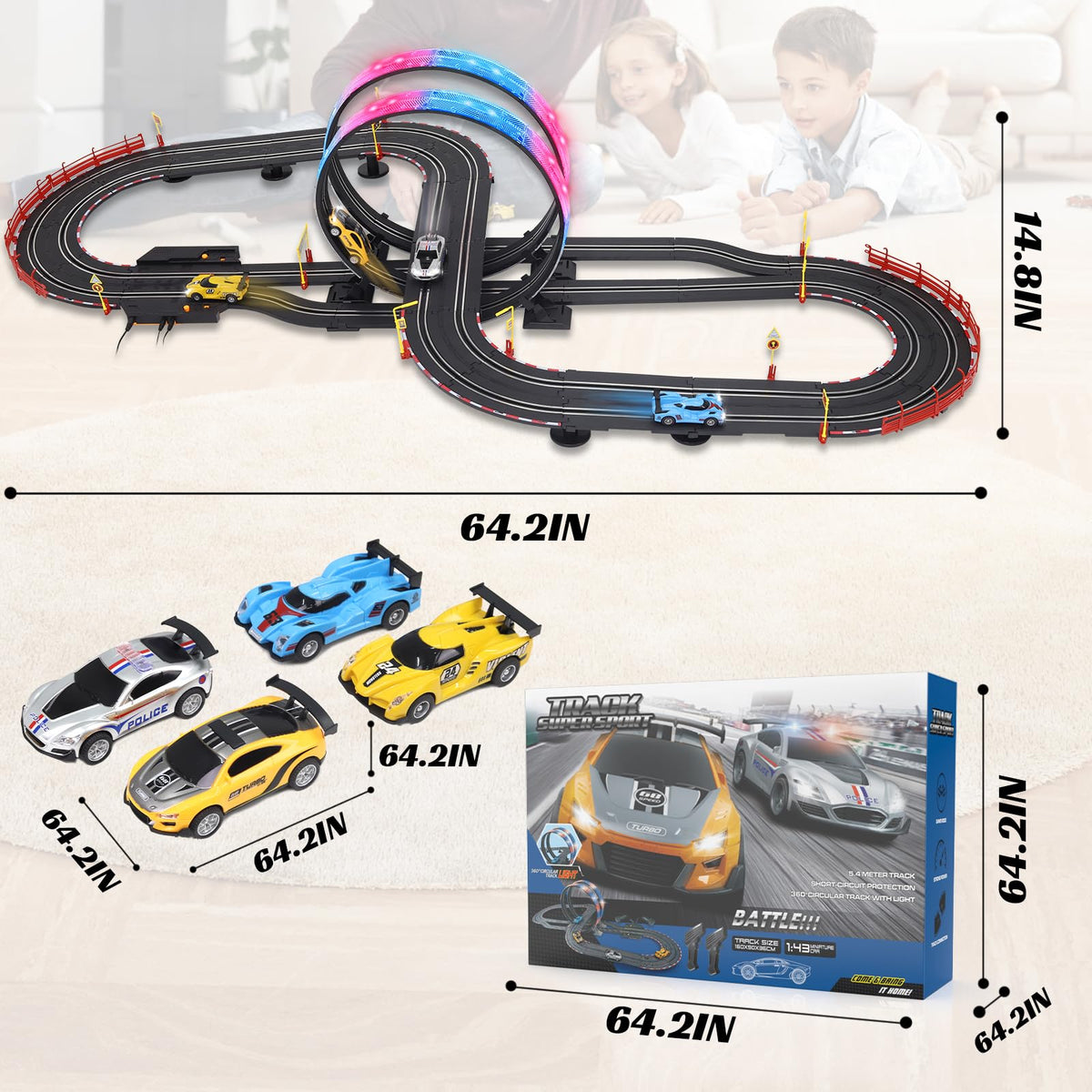 ANNKIE Slot Car Race Track Set — 20ft Dual Overpass with 4 High-Speed Cars