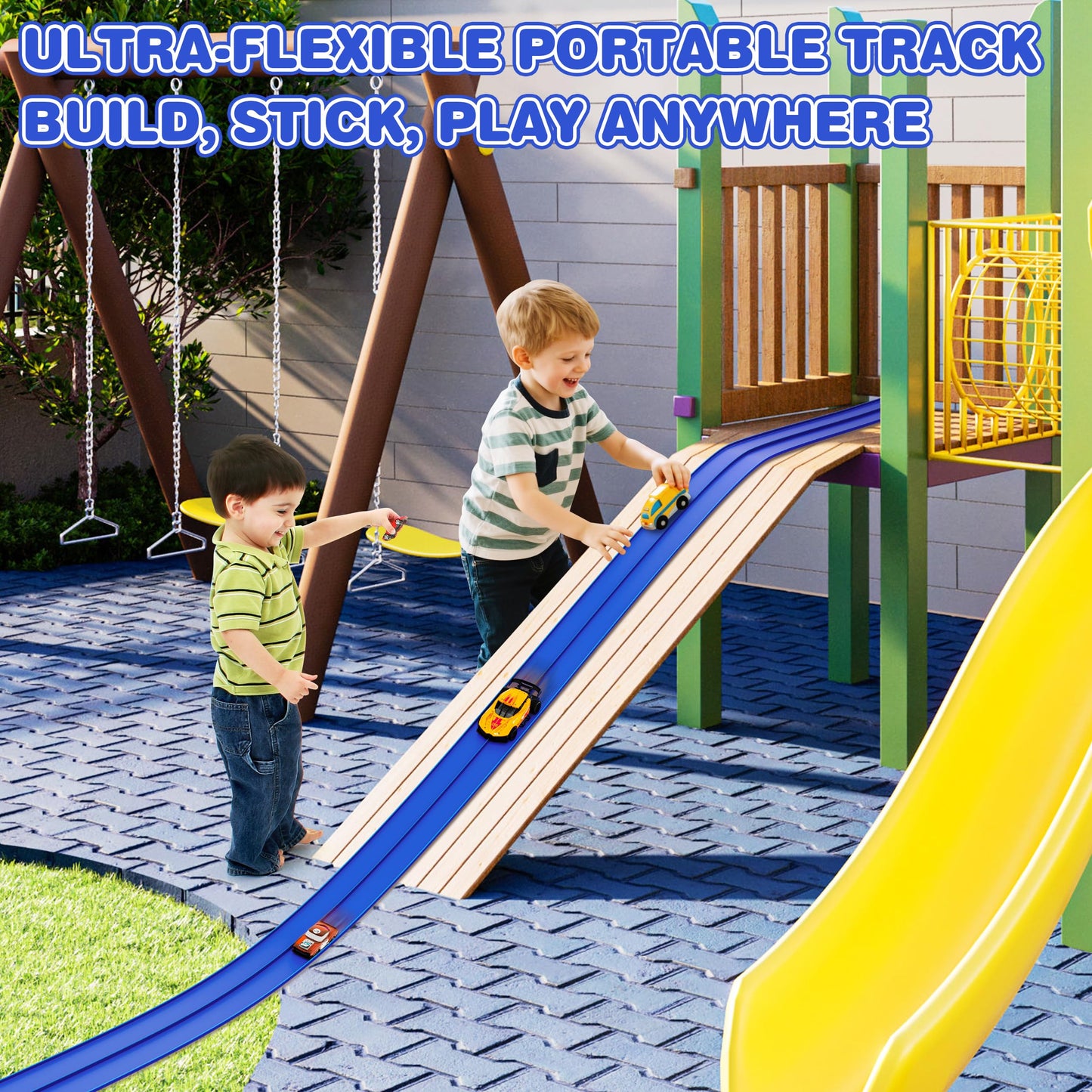 Anoozo 16 Ft Flexible Race Car Ramp Track – Suction Cups, Roll-Up Portable Racing Blue