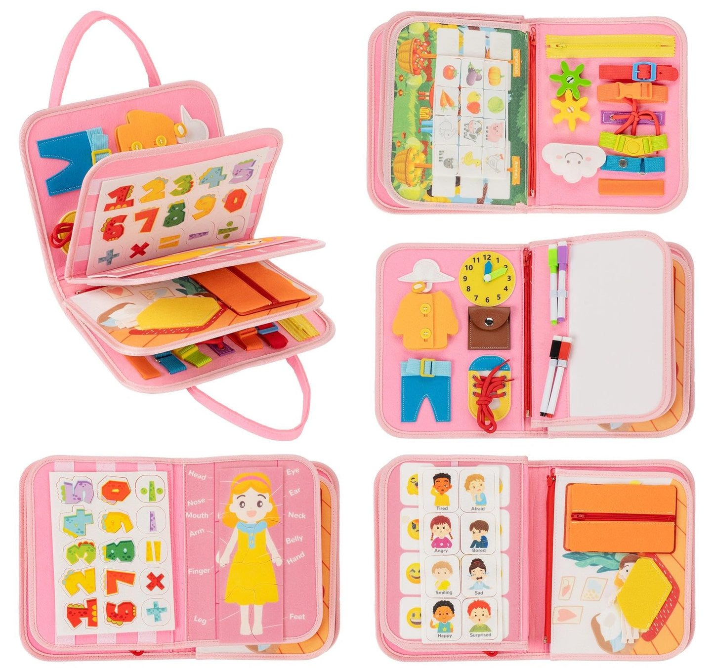 Anstore Busy Board Montessori Toys for Toddlers 1-3 – Pink Felt Travel Busy Book