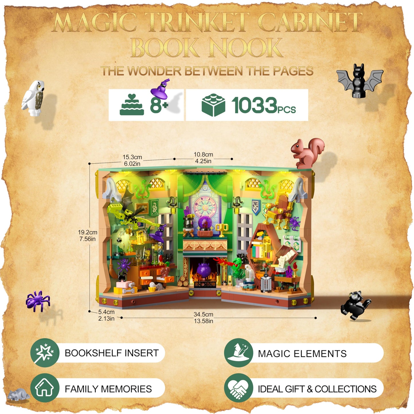 Anvure Book Nook Building Kit with LED Lights | 1033 PCS Magic Academy 3D Bookend & Home Decor