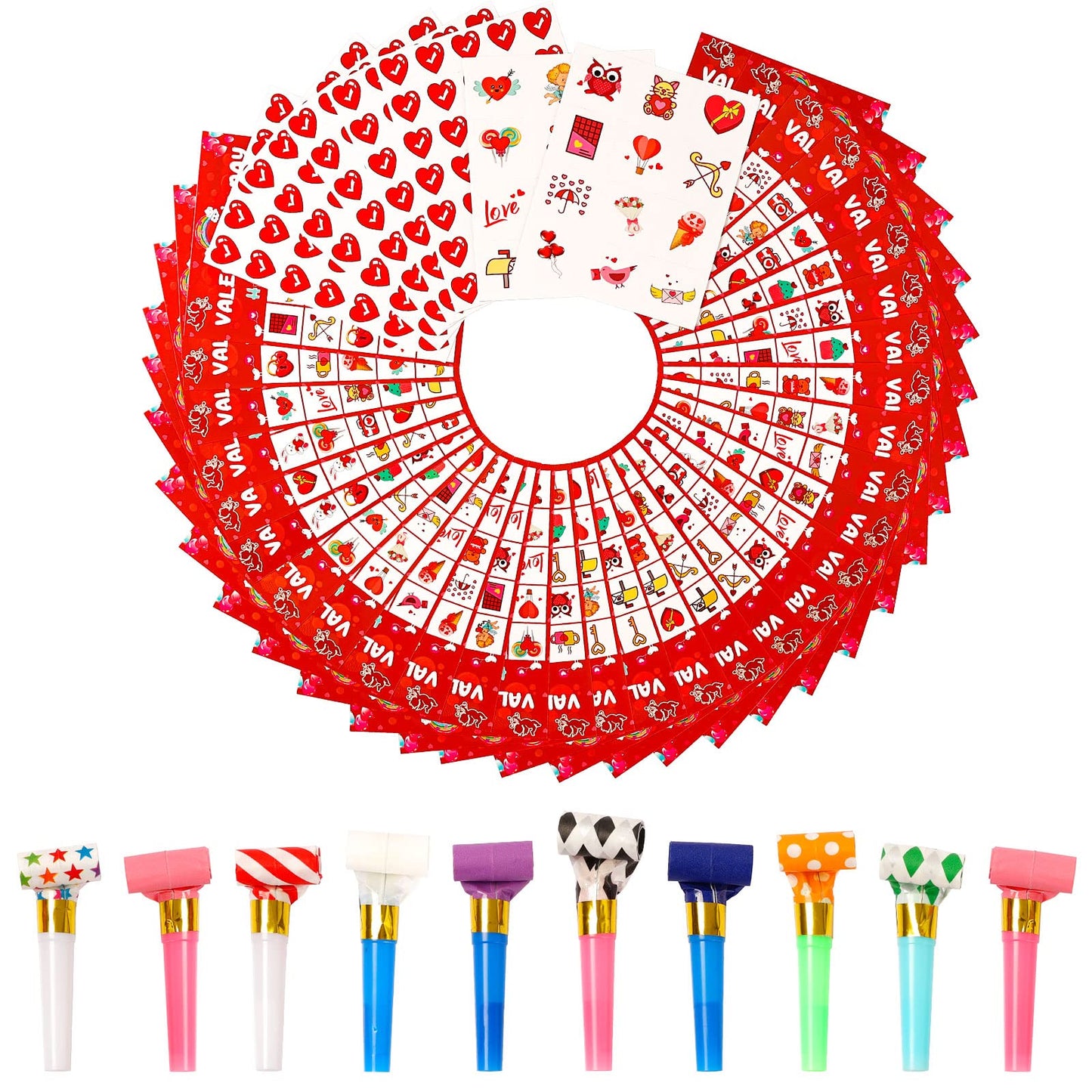 AOJOYS Valentine’s Day Bingo Game for Kids – 32 Player Cards, 10 Party Blowers, Classroom & Party Favors