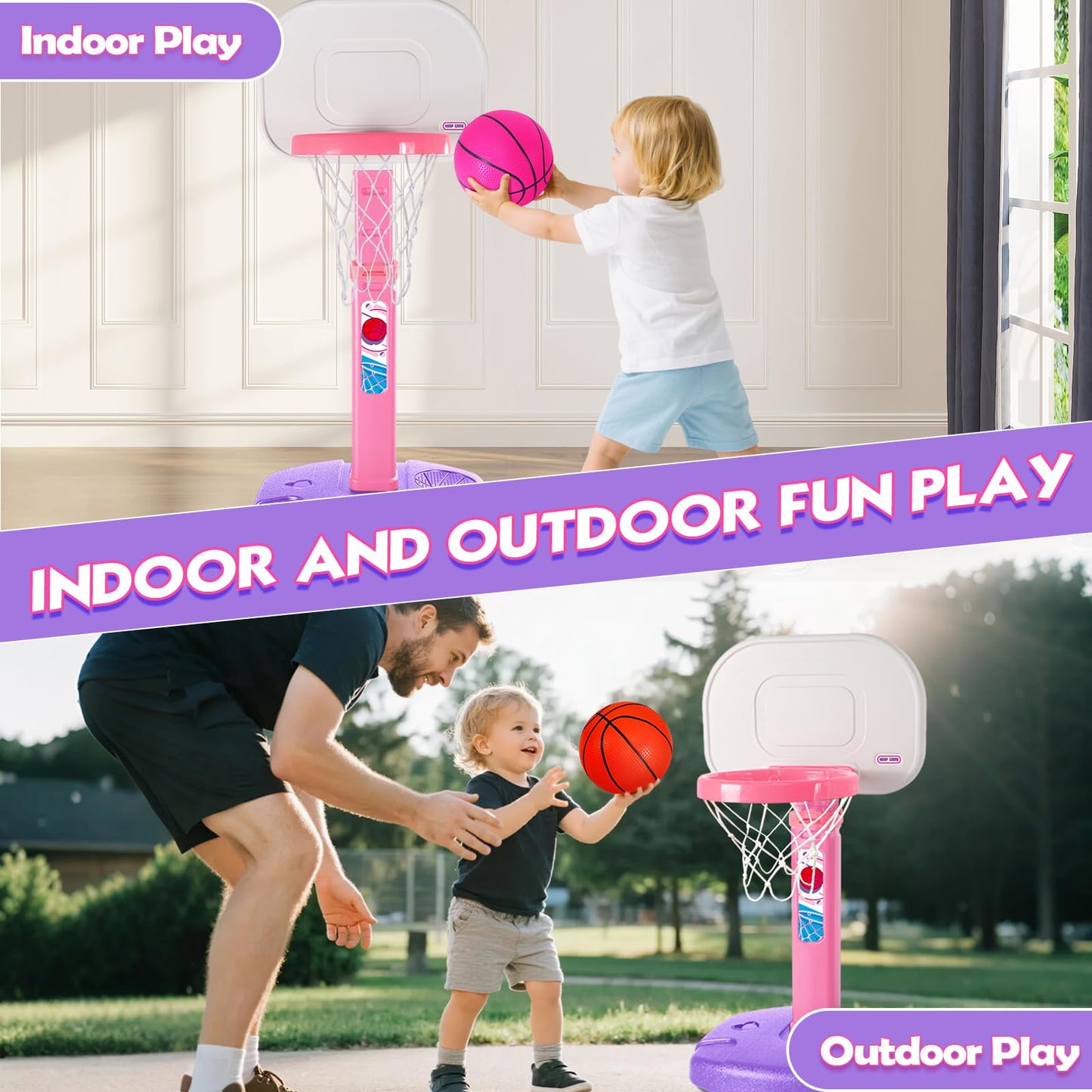 AOKESI Toddler Pink Basketball Hoop – Adjustable Indoor/Outdoor Mini Hoop for Ages 1-3