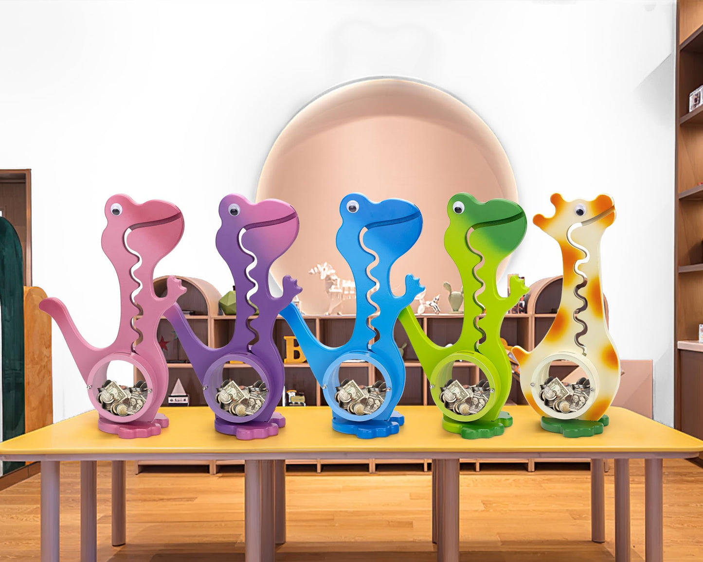 AORCMITN Wooden Dinosaur Piggy Bank – Dino-Blue, Clear Belly, Personalizable