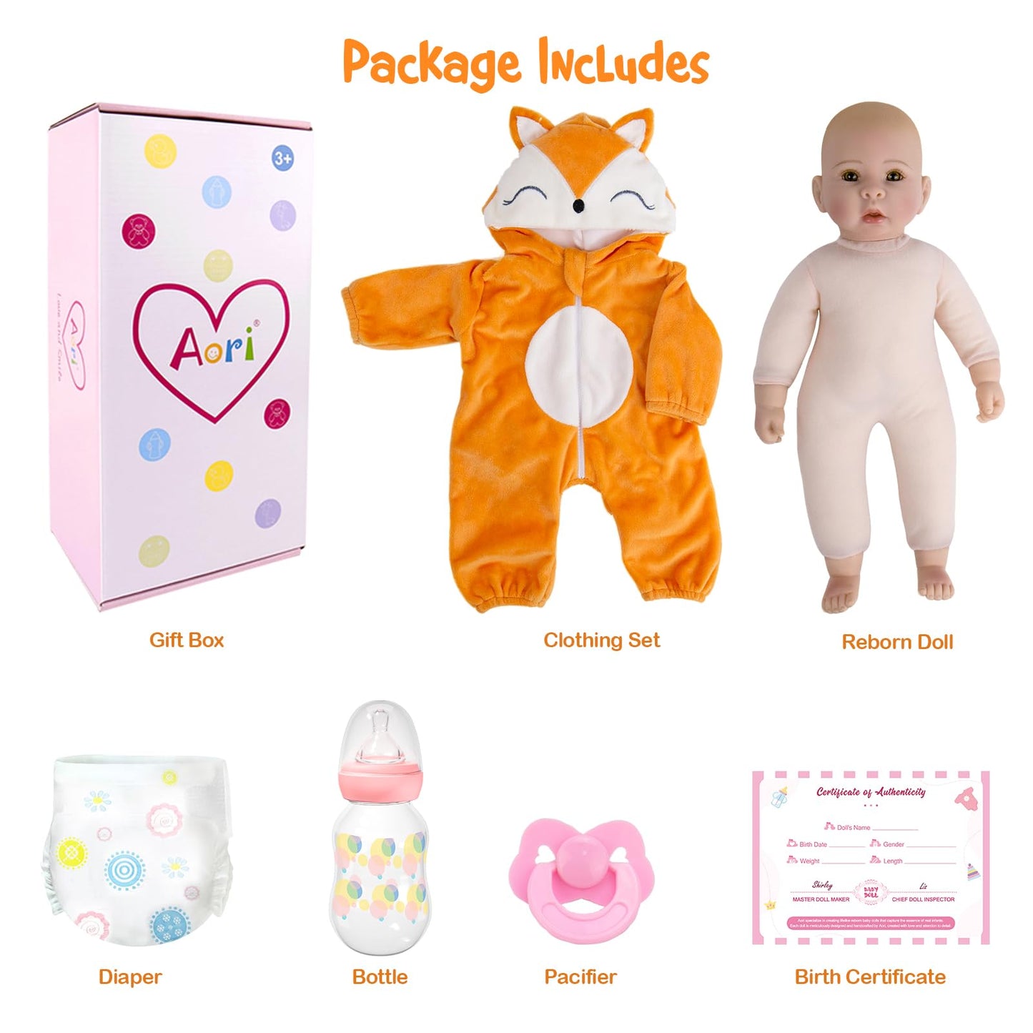 Aori Baby Dolls - 17-Inch Real Life Doll with Ultra-Soft Body & Fox Outfits for Girls 3+