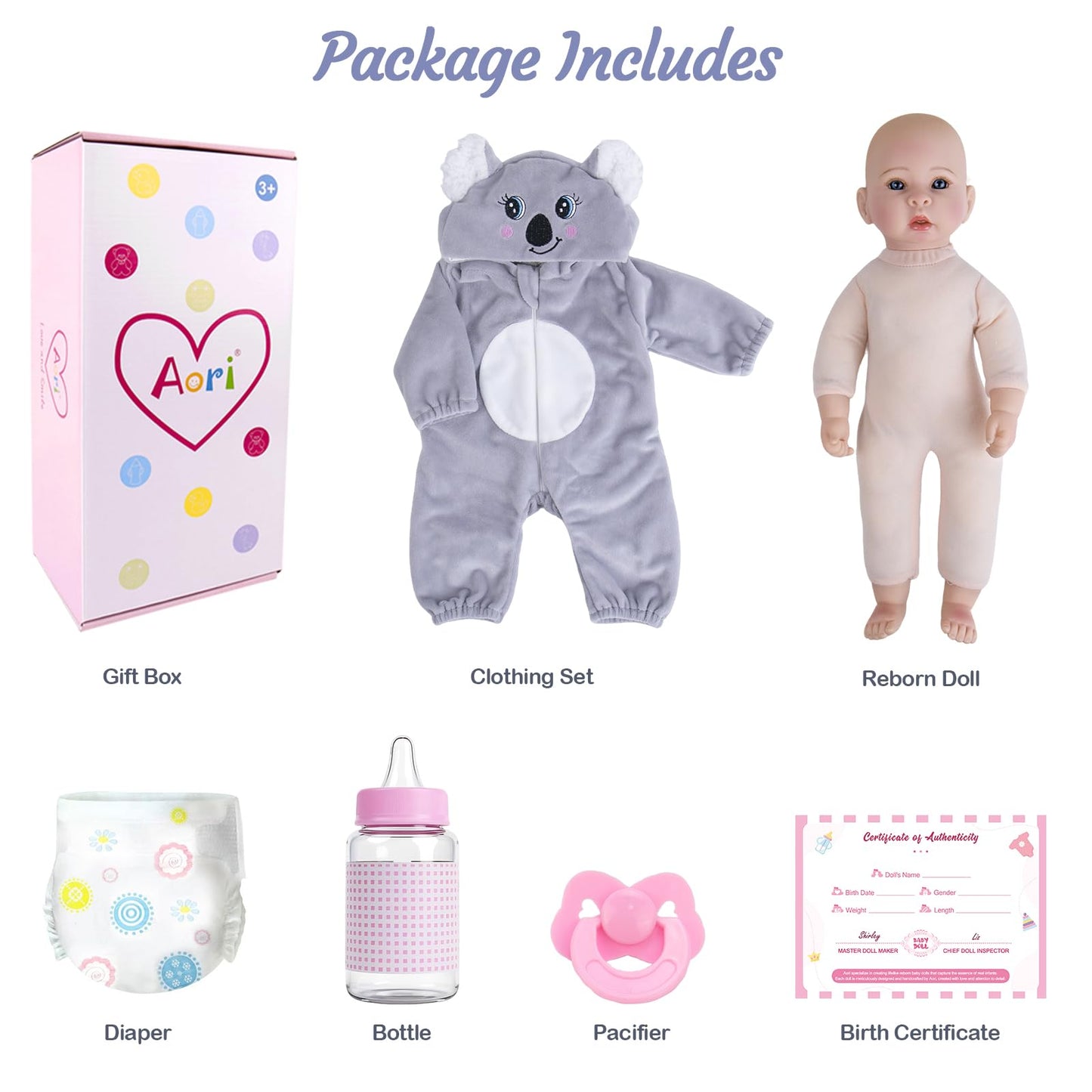 Aori 17-Inch Lifelike Baby Doll — Realistic Soft Body, Grey Outfit | Role Play & Adoption Day