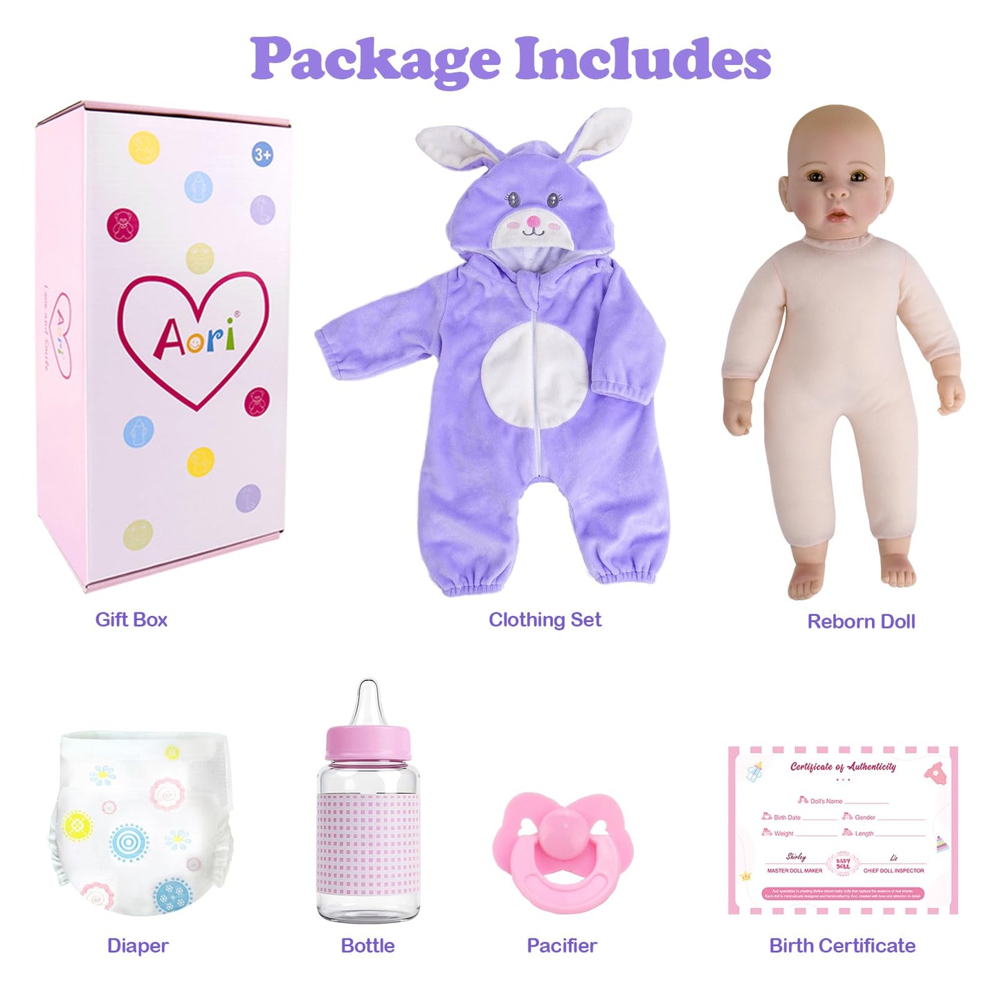 Aori Real Baby Dolls — 17-Inch Realistic Doll with Soft Body & Purple Bunny Outfit for 3+