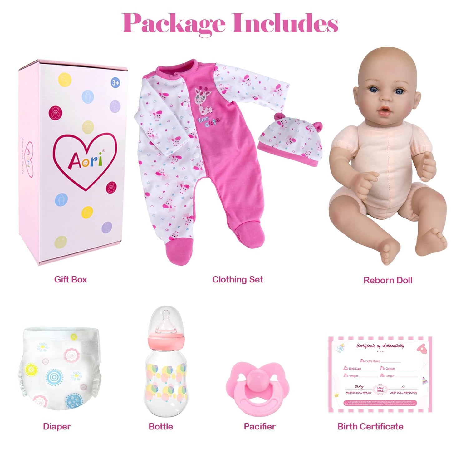 Aori Reborn Baby Doll Girl 18'' – Realistic Newborn with Pink Feeding Accessories | Weighted, Safe for Kids 3+