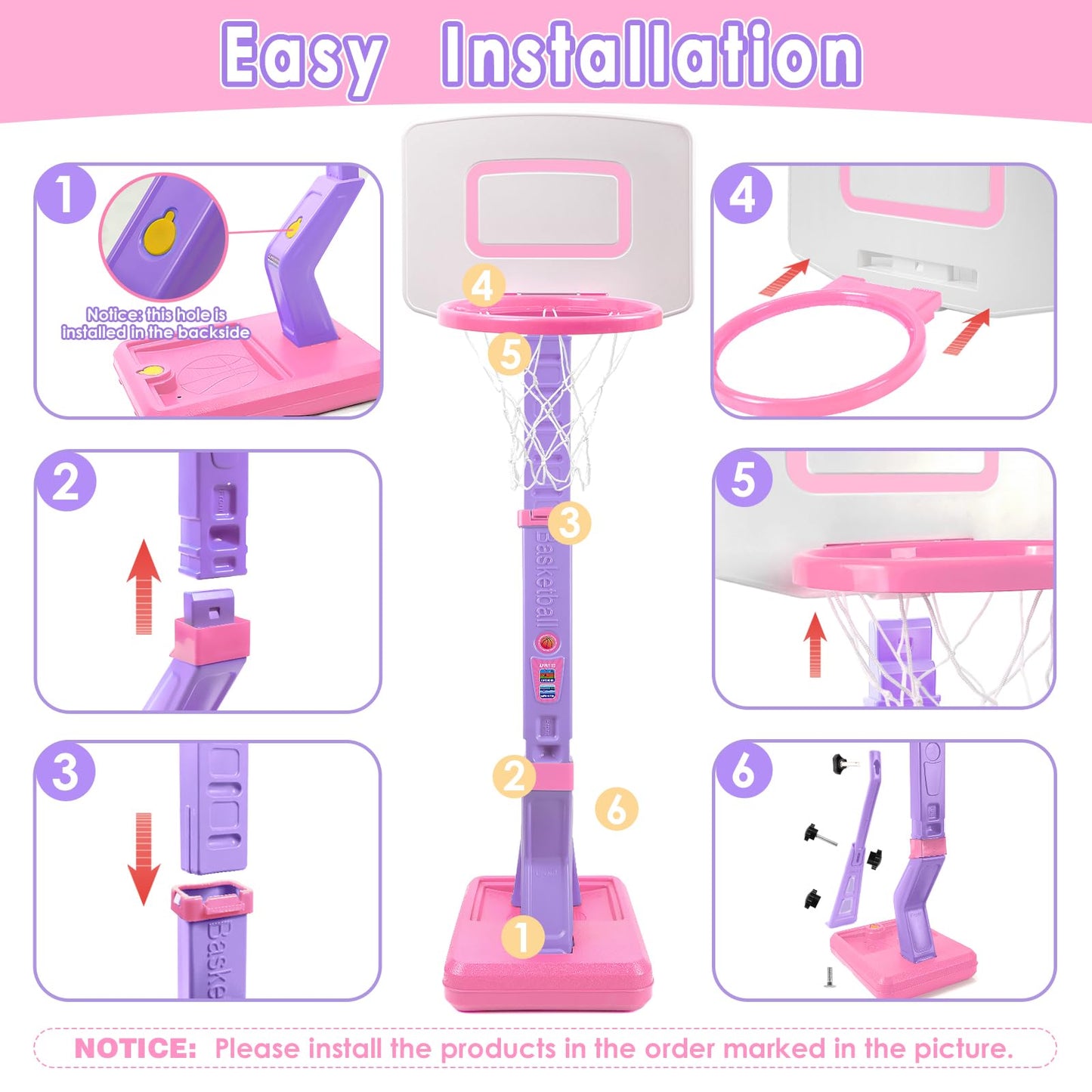 AOSPHYS Toddler Basketball Hoop – Adjustable Height 27.6–54 in | 3 Balls & Pump