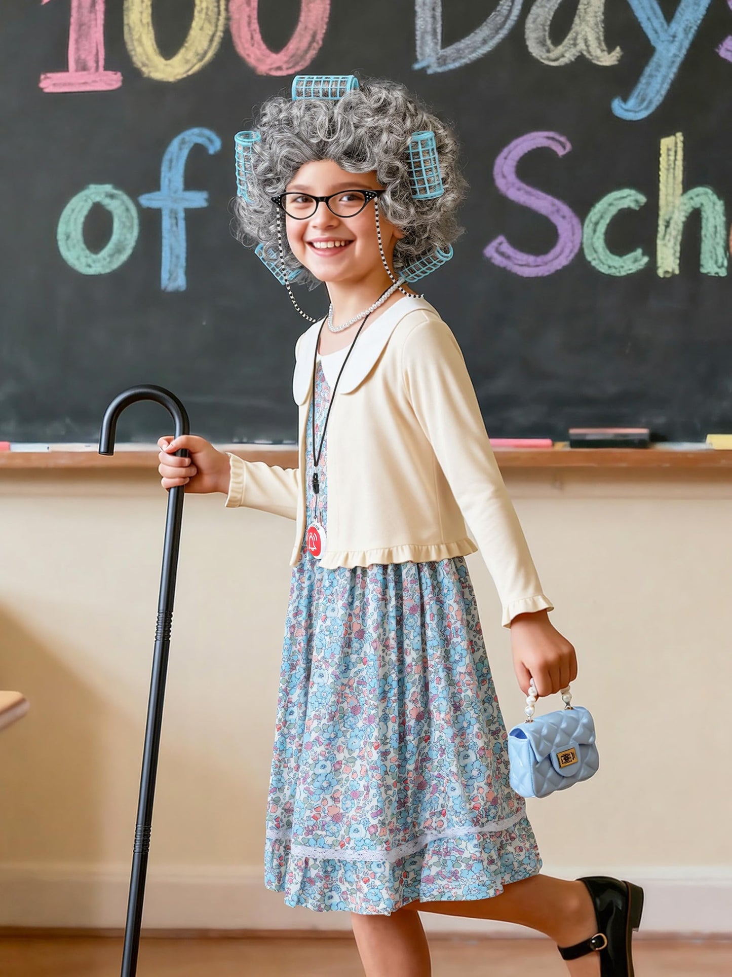 AOTHSO 8-Piece Granny Costume Set for Kids — Floral Dress, Cardigan, Wig, Glasses, Cane