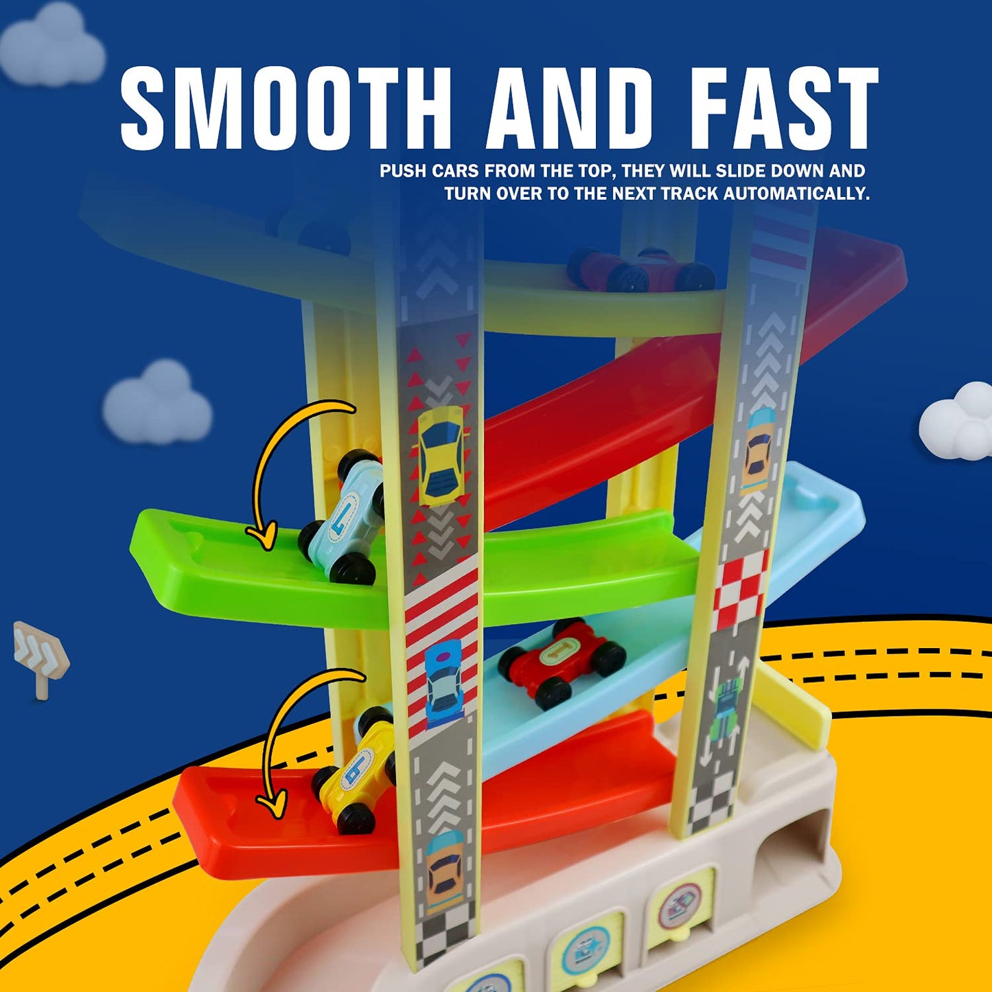 Montessori Car Ramp Toy for Toddlers | Aotipol Race Track with 6 Cars & 2 Parking Lots