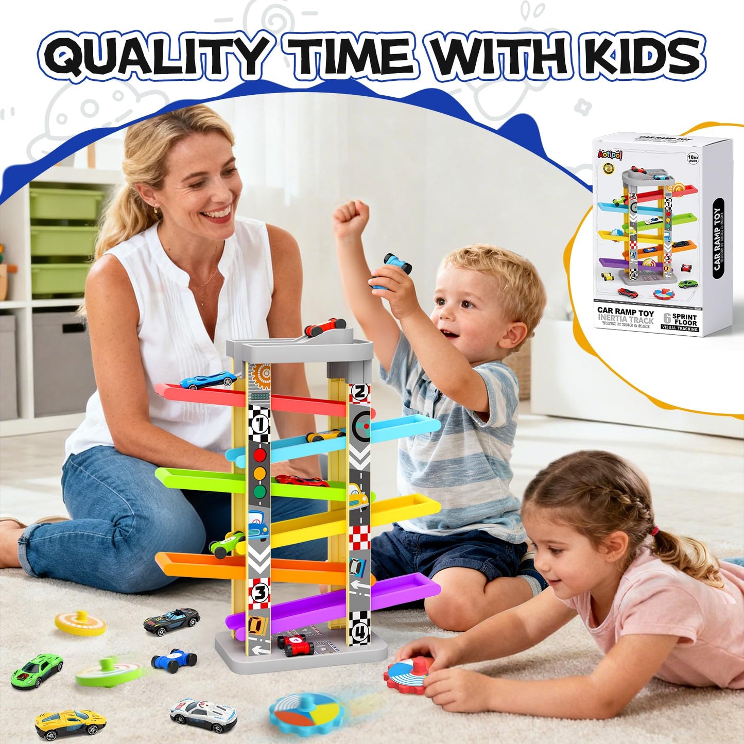 Aotipol Montessori Car Ramp Toy Kit — 12 Cars, 4 Spinning Tops, 2 Parking Lots (Ages 18+ Months)