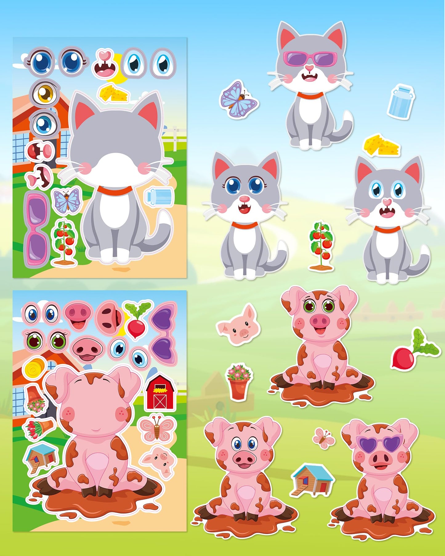 Aowplc 48 Sheets Farm Animal Make‑a‑Face Stickers – 12 Mix‑and‑Match Designs for Kids, Parties & Crafts