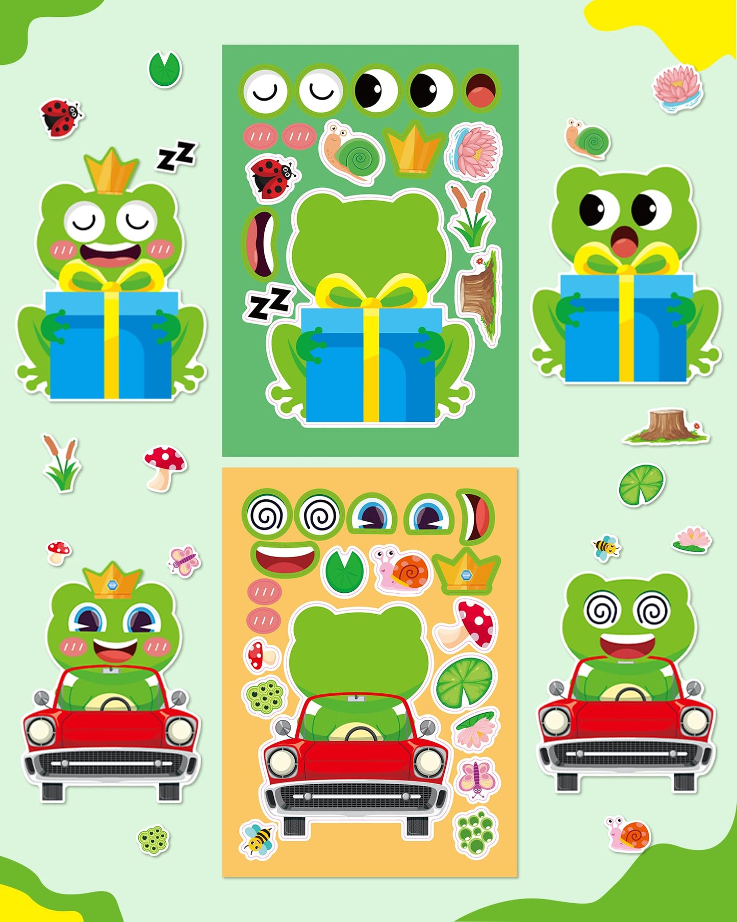 Aowplc 32 Sheets Frog Make-a-Face Stickers for Kids – 8 Designs for Creative Play
