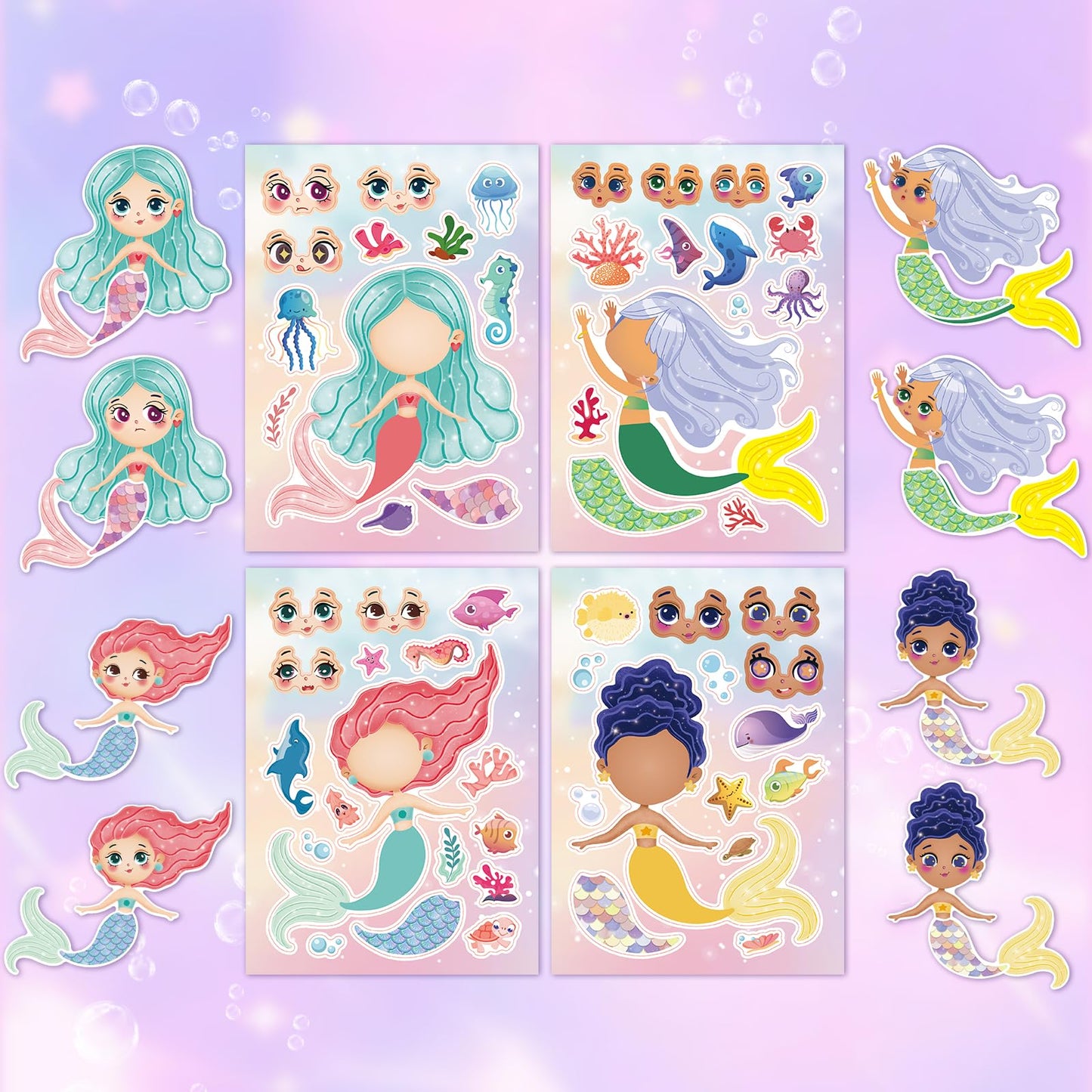 Aowplc 32 Sheets Mermaid Make-A-Face Stickers for Kids | Mermaid Party Favors