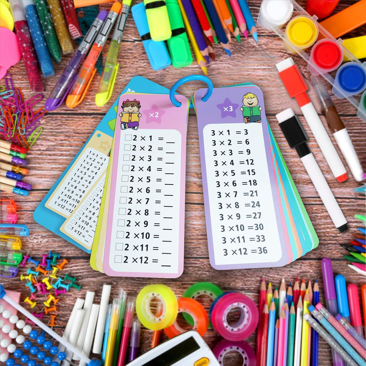 Aozlgfri 1-12 Multiplication Flash Cards – 15 Cards, 2 Dry Erase Markers, Binder Ring