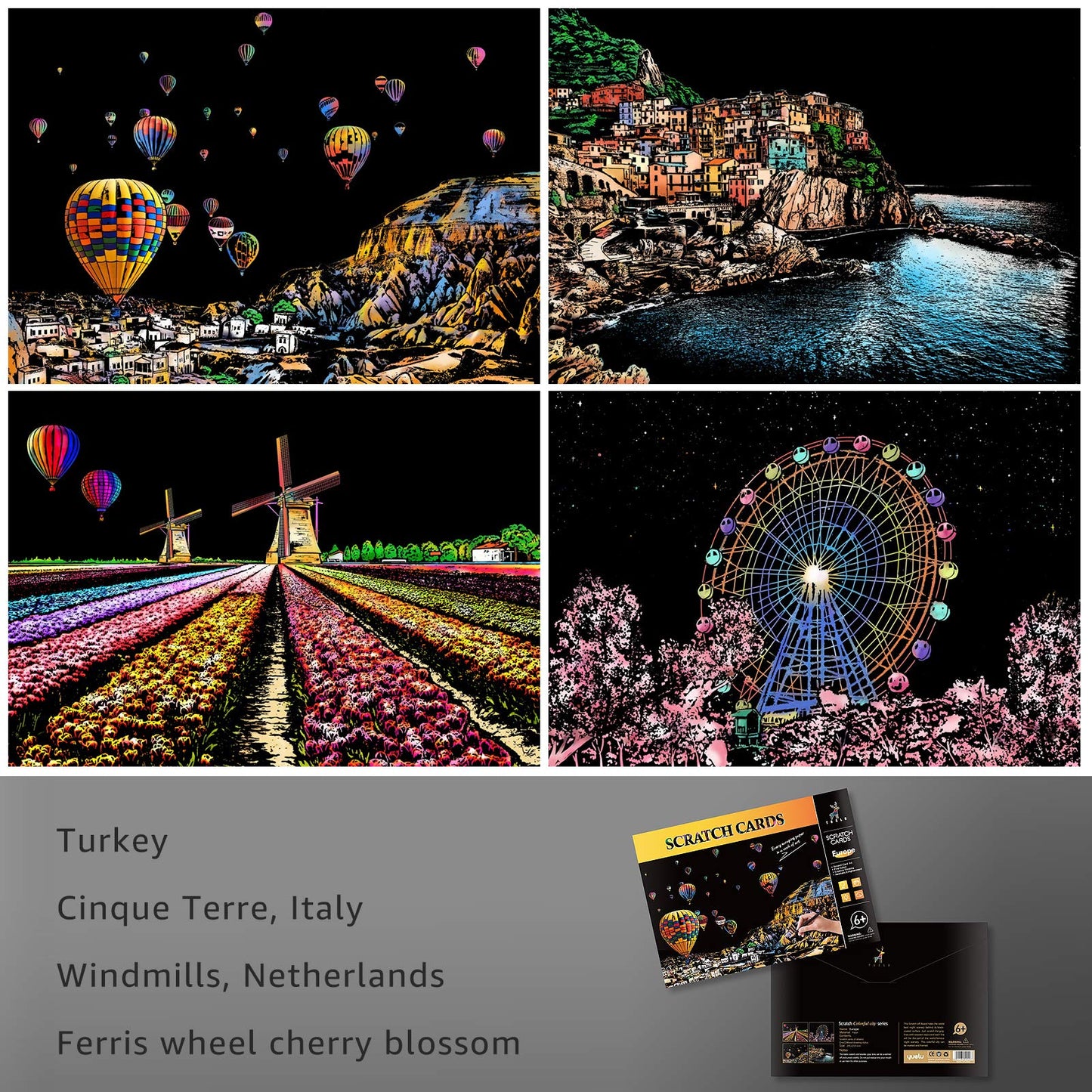 AP ARTSPER Scratch Art Set for Teens & Adults – Rainbow Landscape Scratchboard (A4) with 8 Sheets & 4 Tools (New York, Liberty, Golden Gate, Manarola)