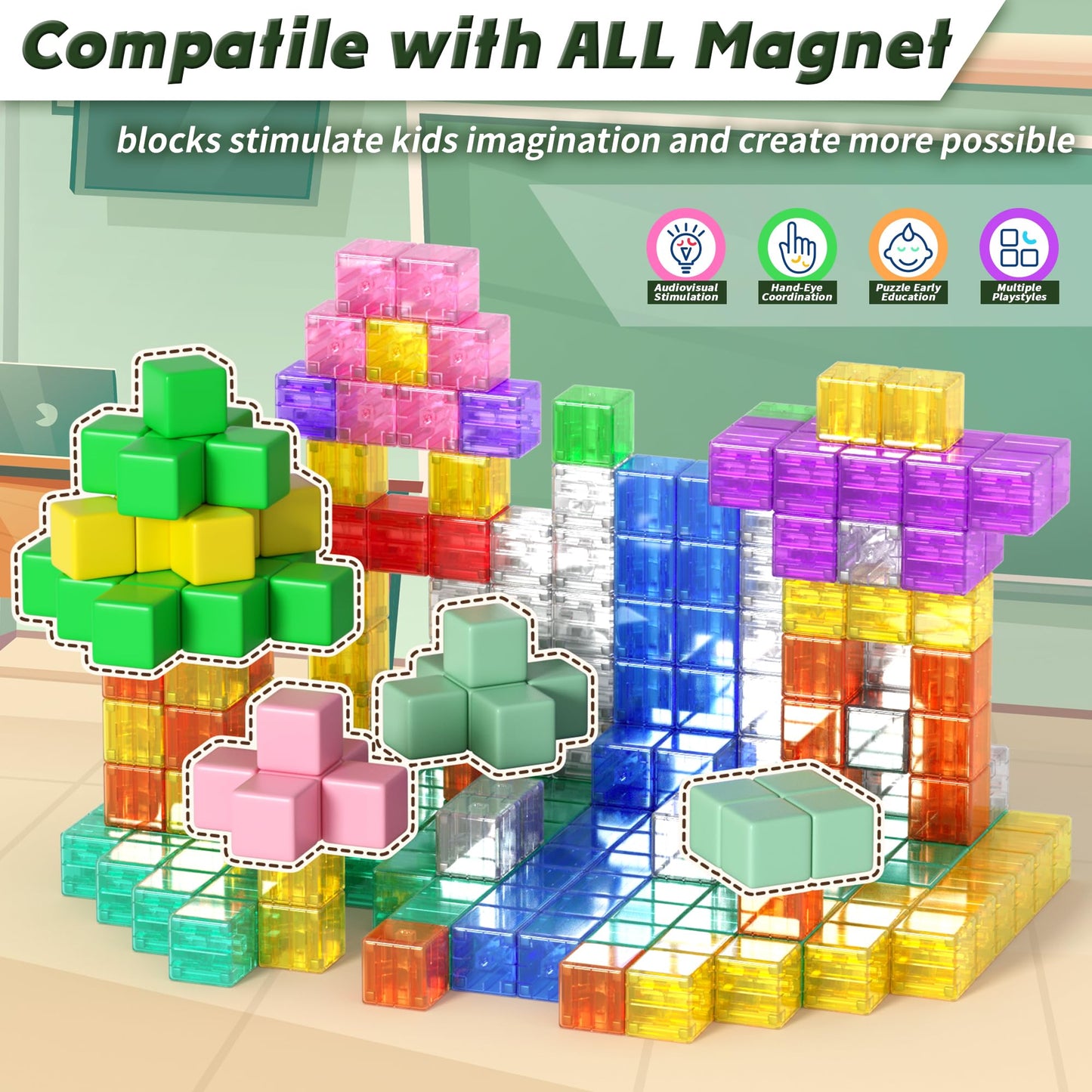 Apluses Magnetic Blocks Building Toys - Transparent Rainbow Magnetic Cubes for Kids 3+