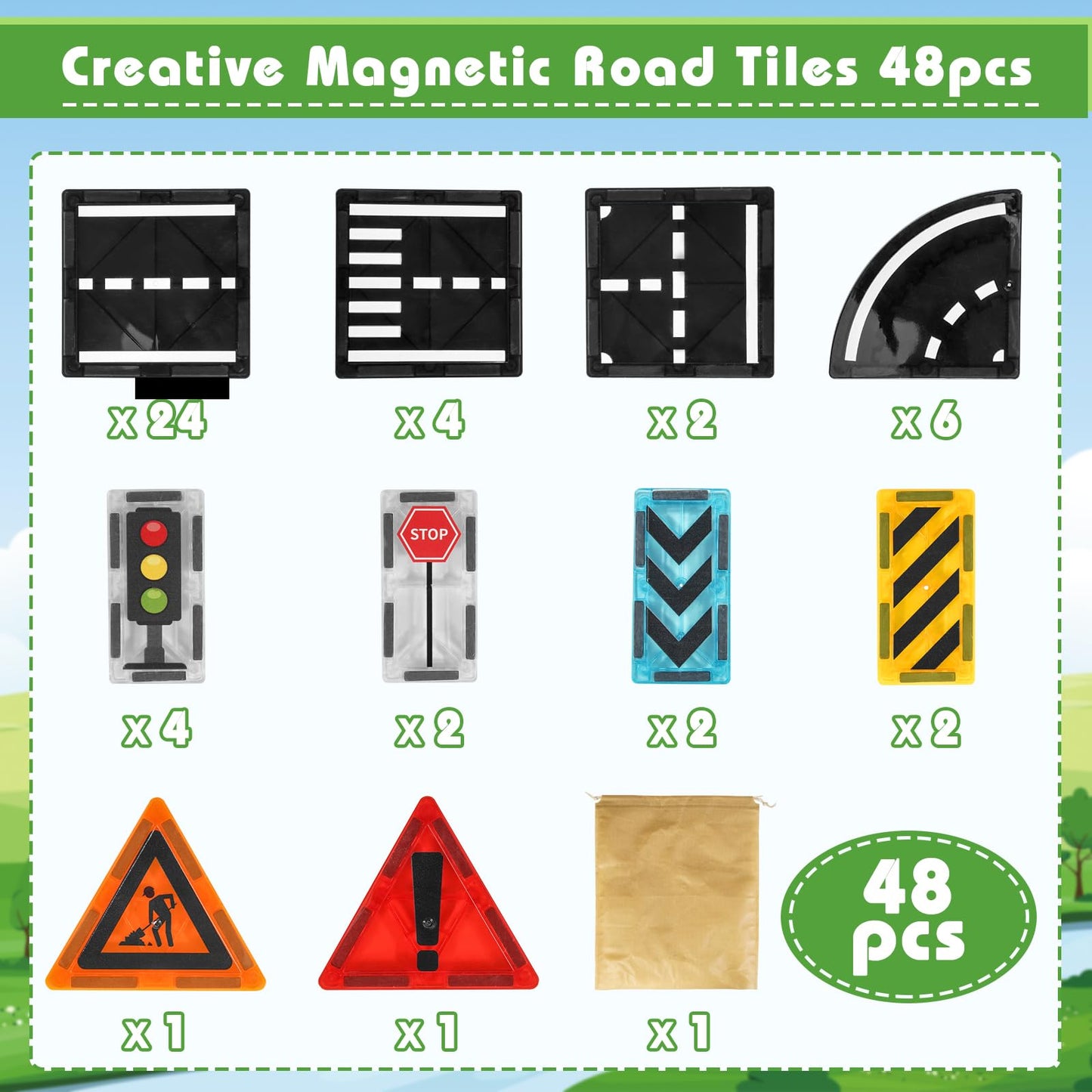 apyr aoma Magnetic Tiles Road Expansion Pack 48 Pcs – STEM Road Building for Kids 3+