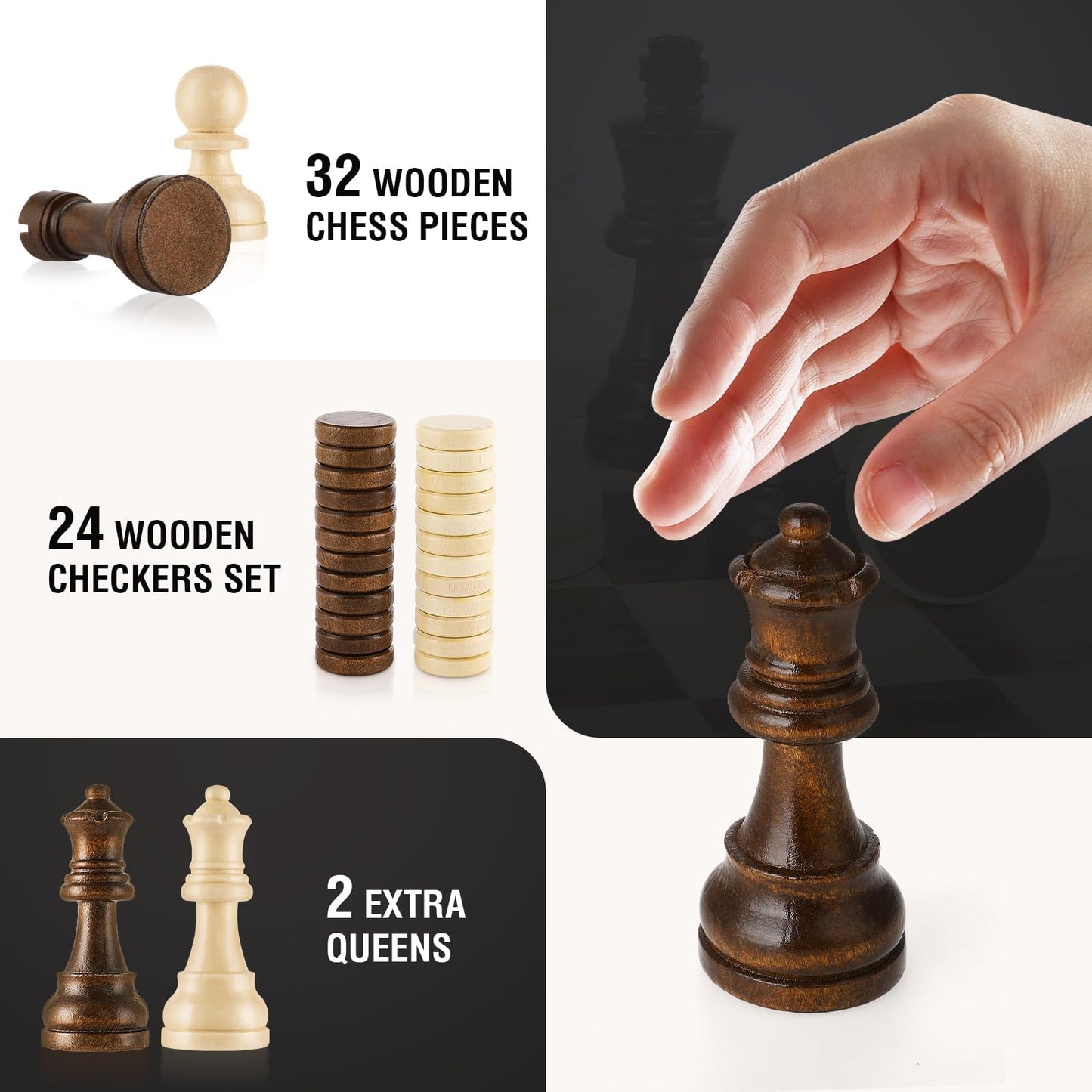 APYR AOMA Chess Set 15'' Walnut Wooden Magnetic Folding Board with Checkers & 2 Extra Queens