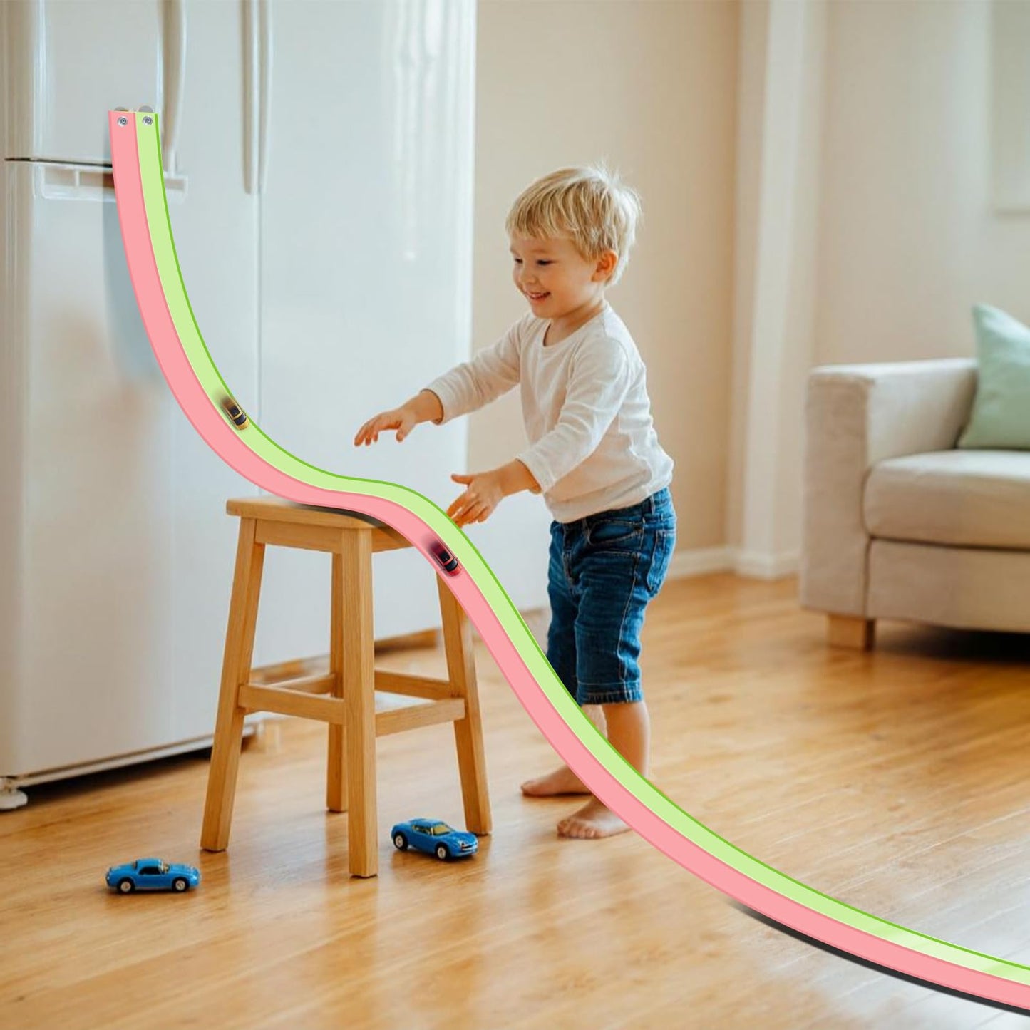 AQFR Flex Tracks 15 Ft Starter Set – Flexible Race Track for Kids (Green & Pink)
