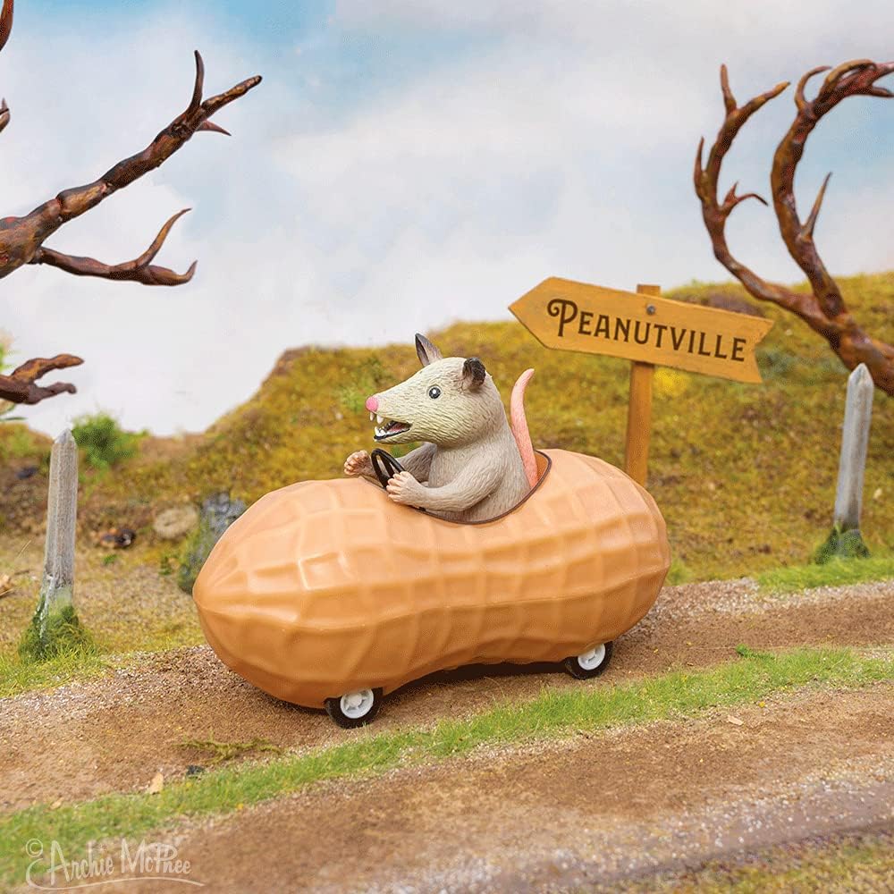 Archie McPhee Possum in a Peanut Pull-Back Toy Car - 5 Inch Collectible