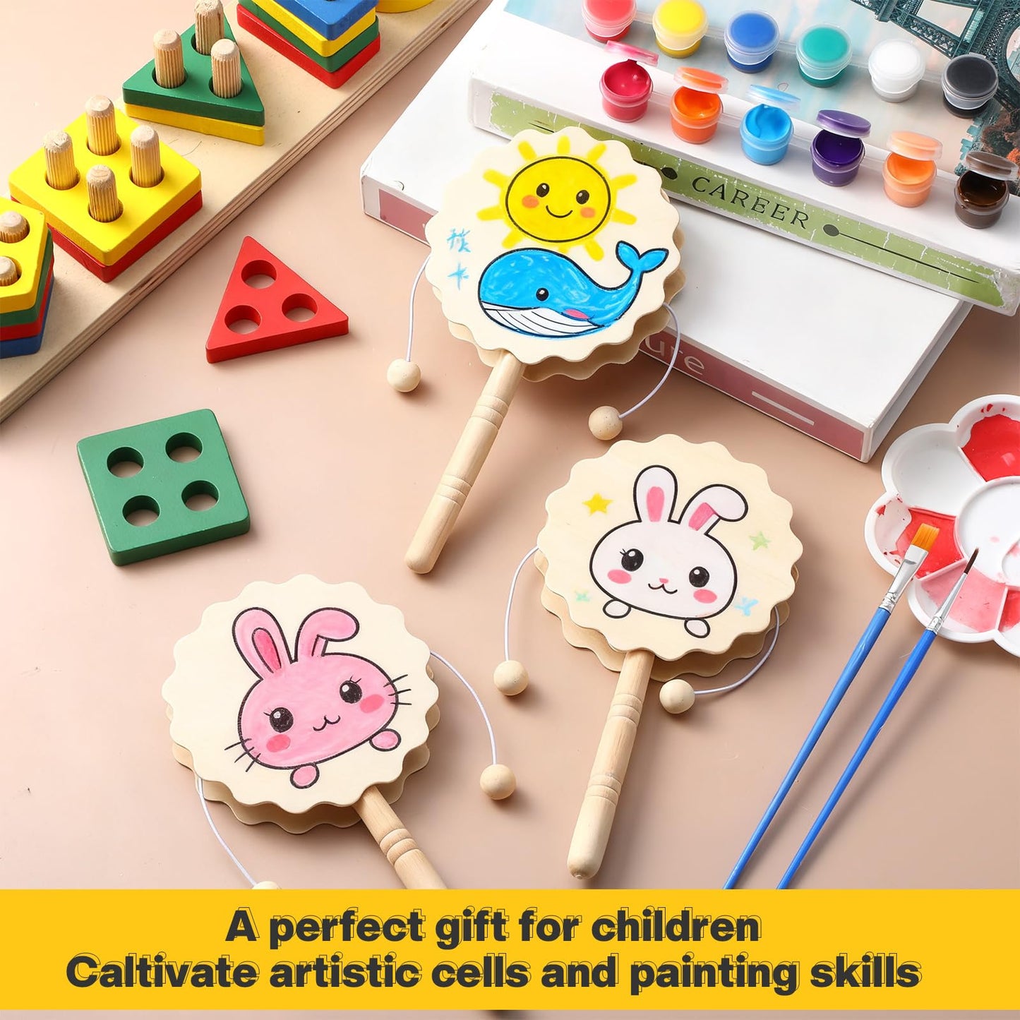 Arrowbash 24 Pcs DIY Rattle Set – Unfinished Blank Wooden Hand Drums Craft Kit