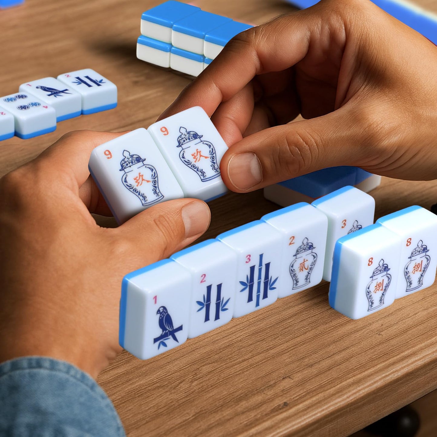 Arrowbash Christmas 160-Piece Chinoiserie Mahjong Tile Set | Melamine, Blue Back