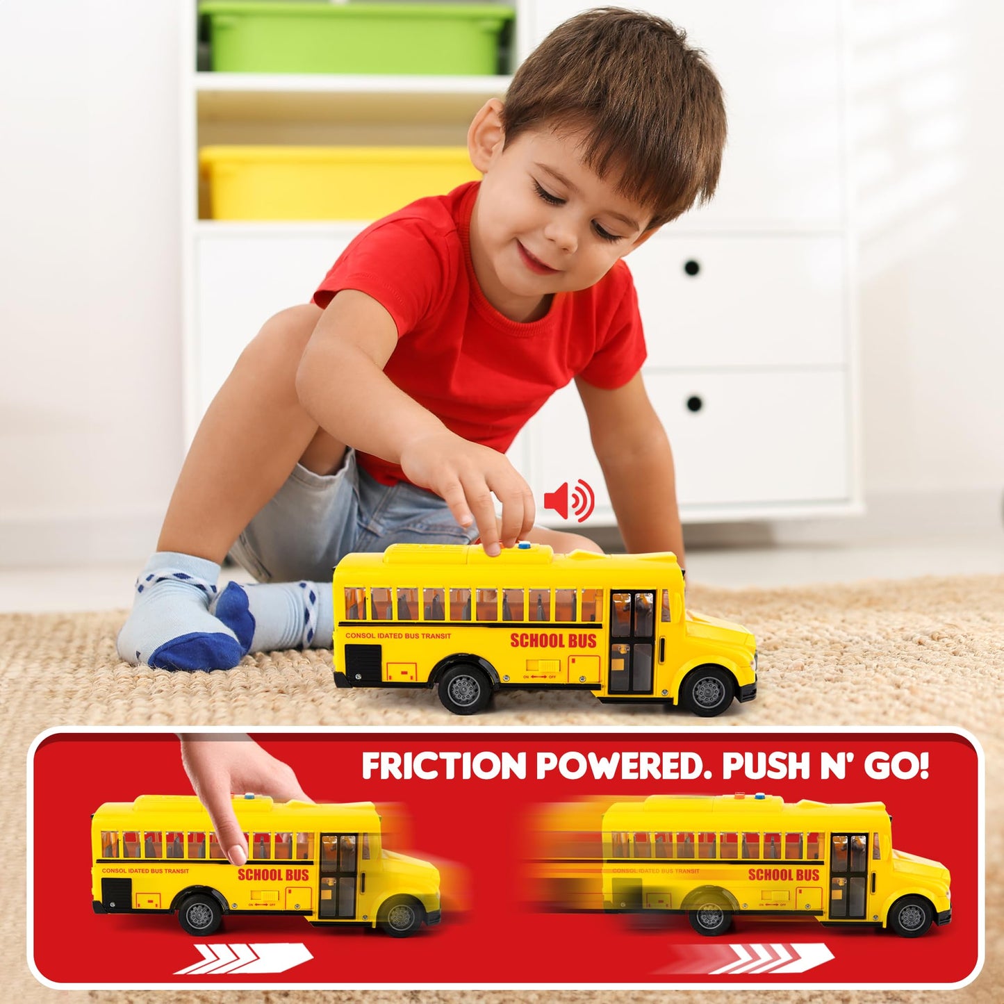 ArtCreativity Yellow School Bus Toy – Flashing Lights, Sound, Friction Powered