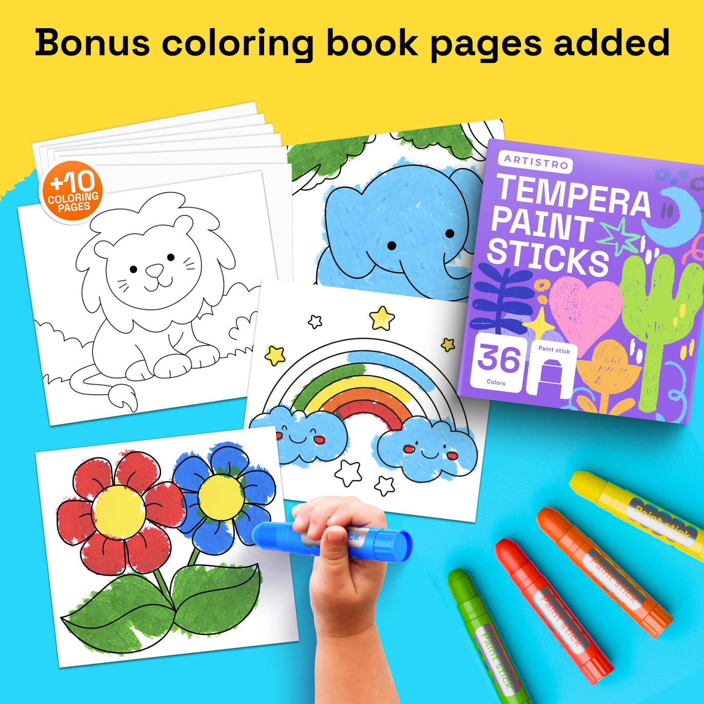 ARTISTRO 100% Washable Tempera Paint Sticks for Kids – 36 Non-Toxic Color Markers