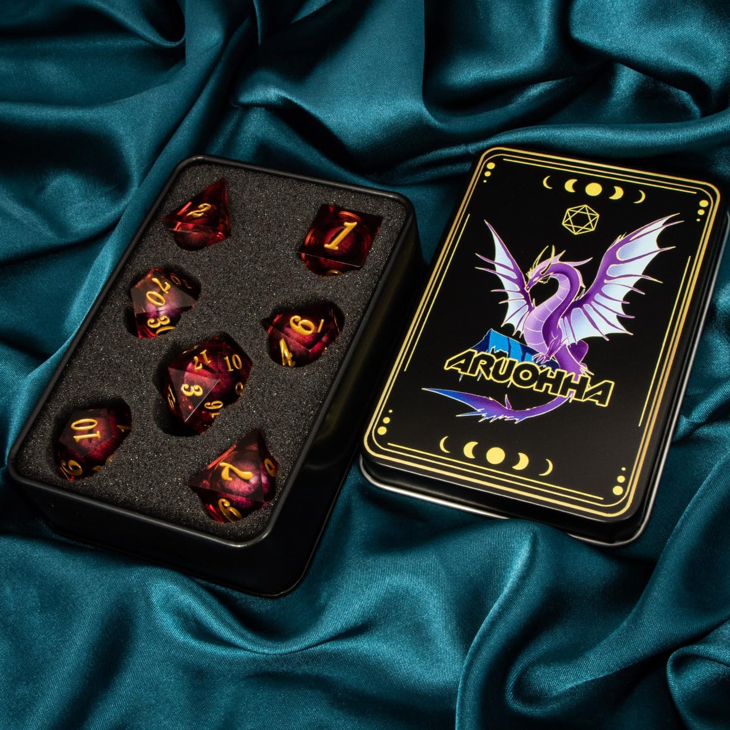 ARUOHHA Dragon Eye Dice – Liquid Core Red Resin Sharp Edged Polyhedral D&D Dice Set in Gift Box