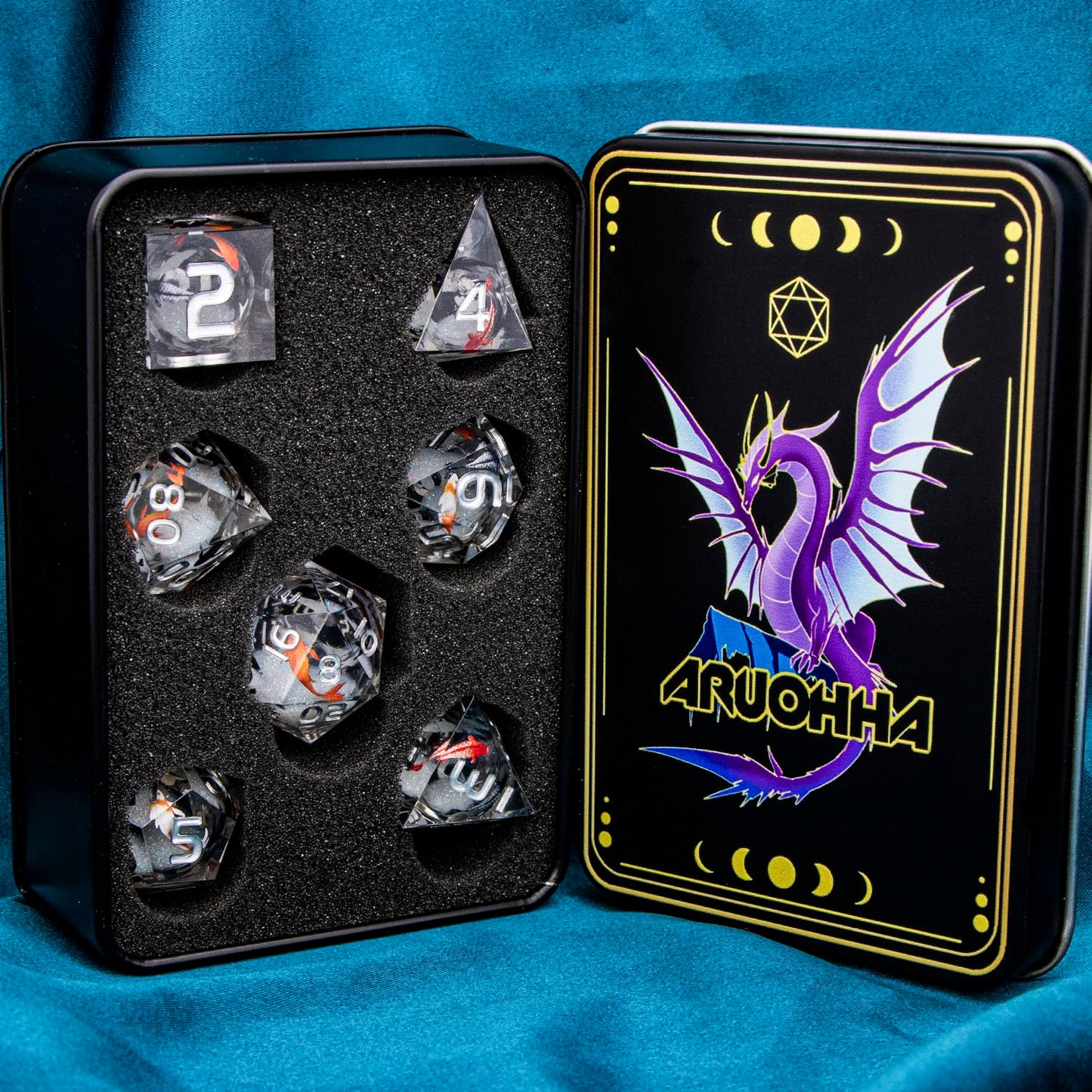 ARUOHHA Liquid Core DND Dice Set – Koi Fish, Sharp Edges, Polyhedral Dice