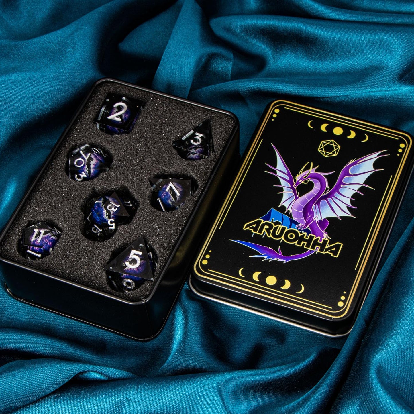 ARUOHHA Dragon Eye Resin Dice Set – Purple Liquid Core, 7-Piece Sharp Edged D&D Dice with Gift Box