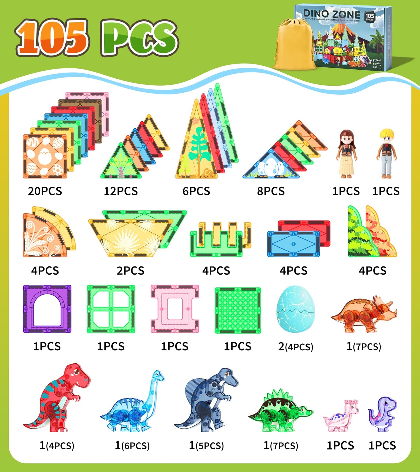 Asago Dinosaur Tiles Set – 105-Piece Magnetic Building Blocks with Eggs, Baby Dinos & Large Dinosaurs